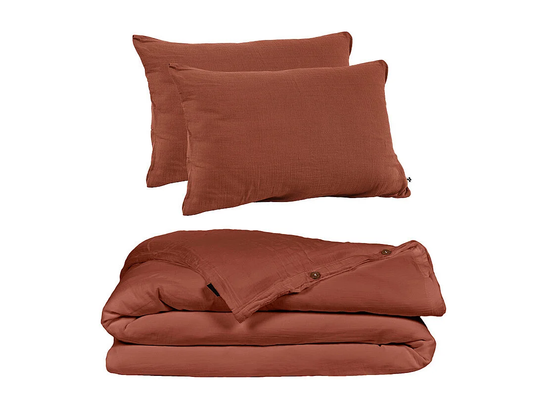 Parure de lit 220 x 240 cm en double gaze de coton terracotta - PEPA 1