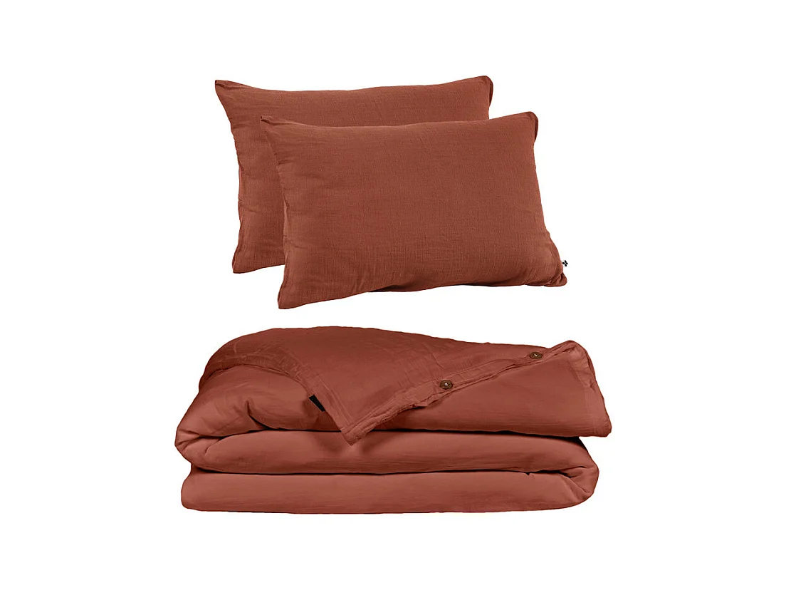 Parure de lit 220 x 240 cm en double gaze de coton terracotta - PEPA 1