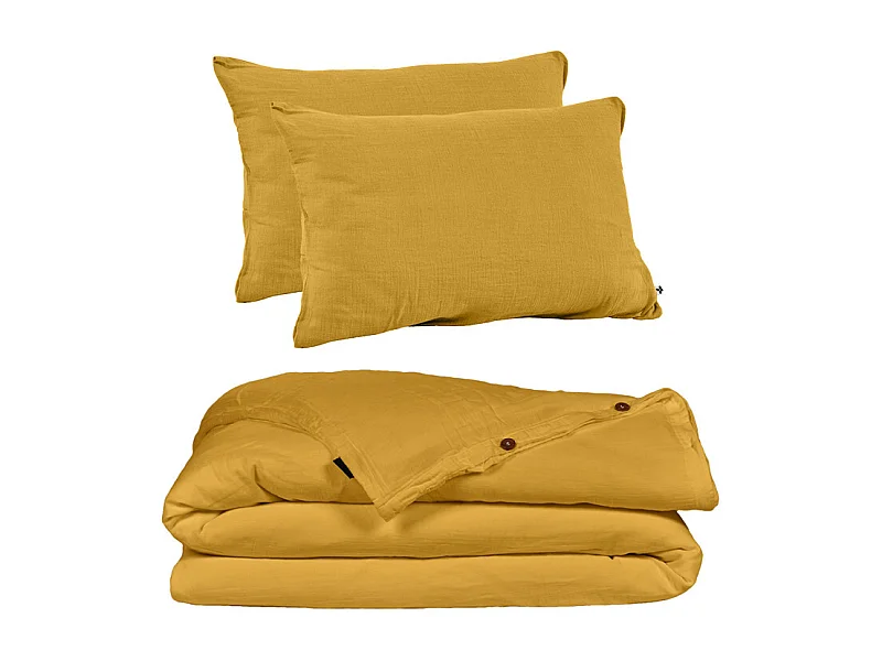 Parure de lit 240 x 260 cm en double gaze de coton jaune - PEPA 2