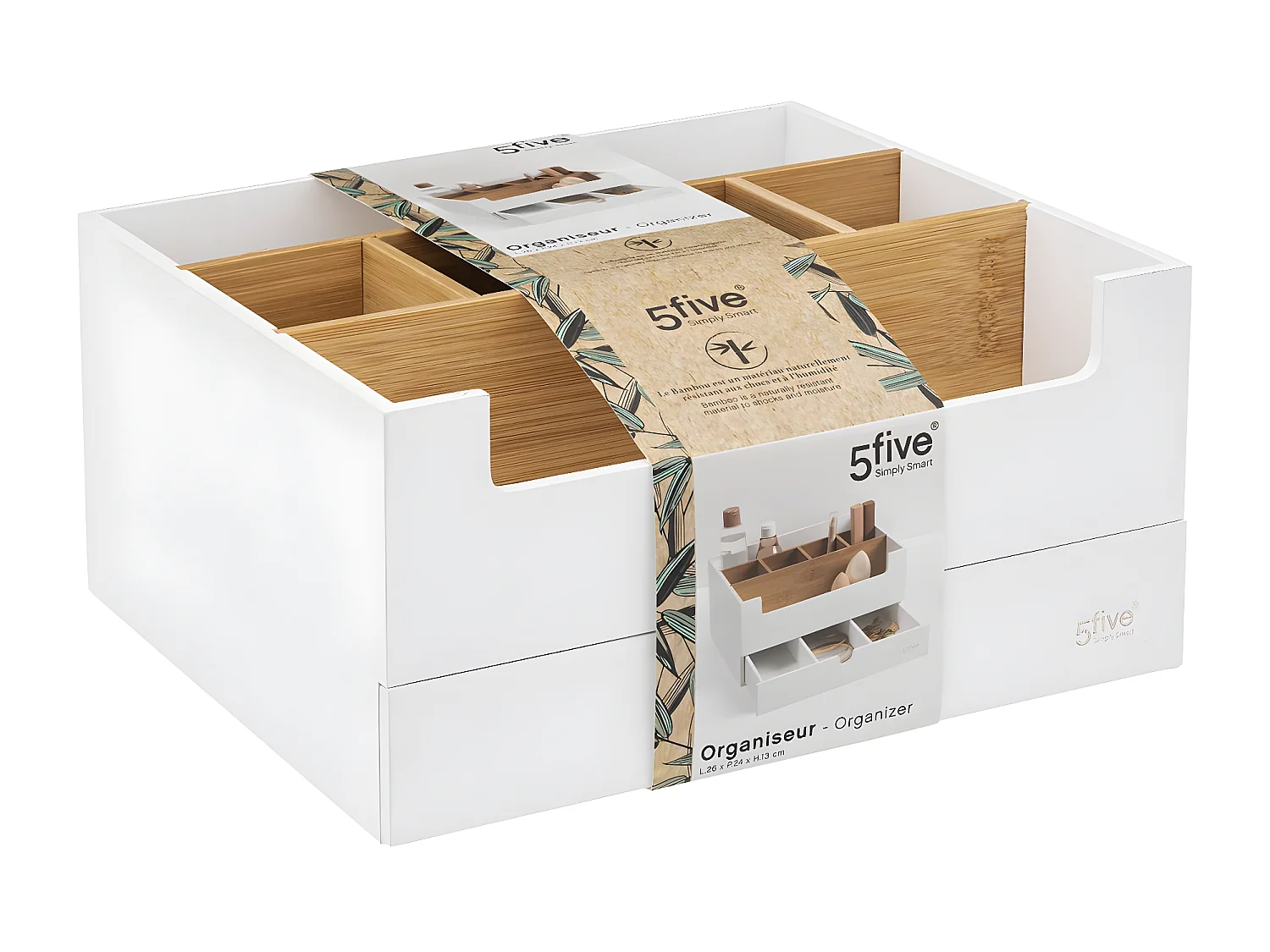 Organiseur Rangement maquillage 1 Tiroir 9 compartiments Blanc et Bambou