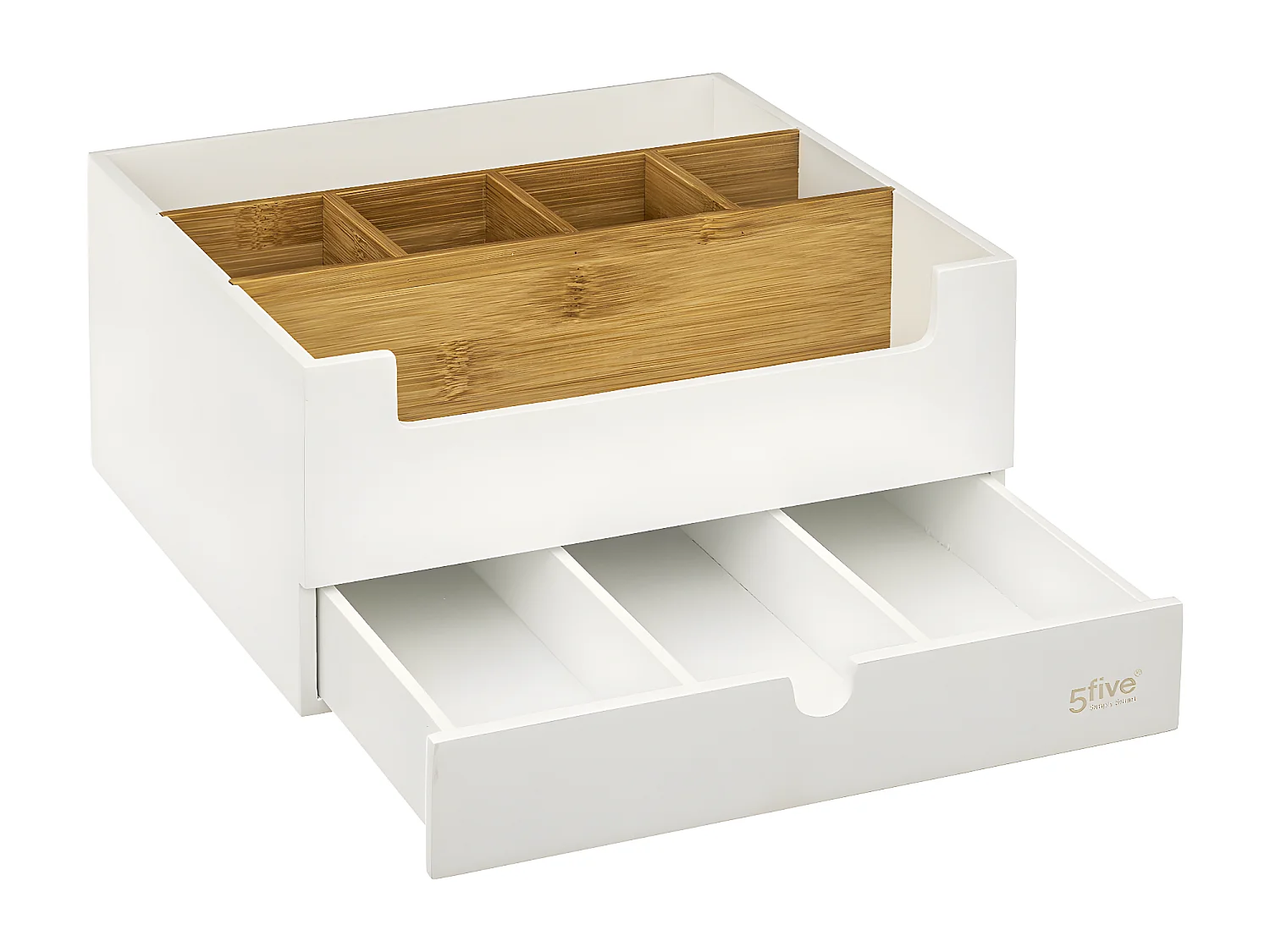 Organiseur Rangement maquillage 1 Tiroir 9 compartiments Blanc et Bambou