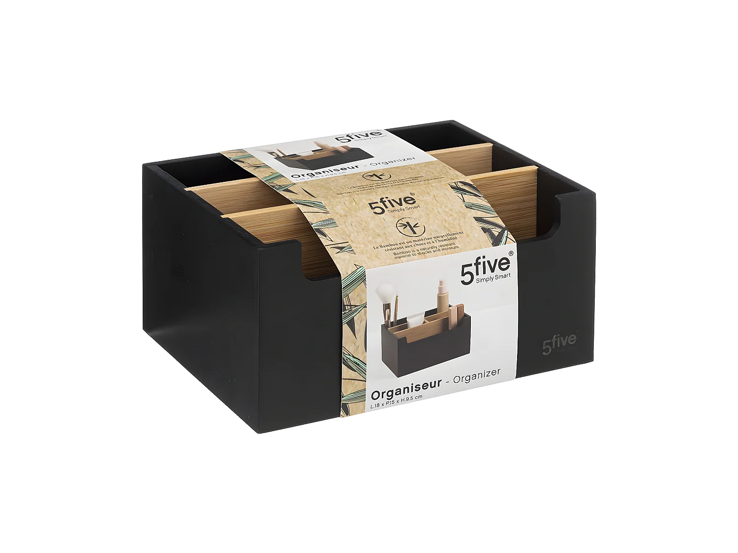 Organiseur Rangement maquillage 5 compartiments Noir et Bambou