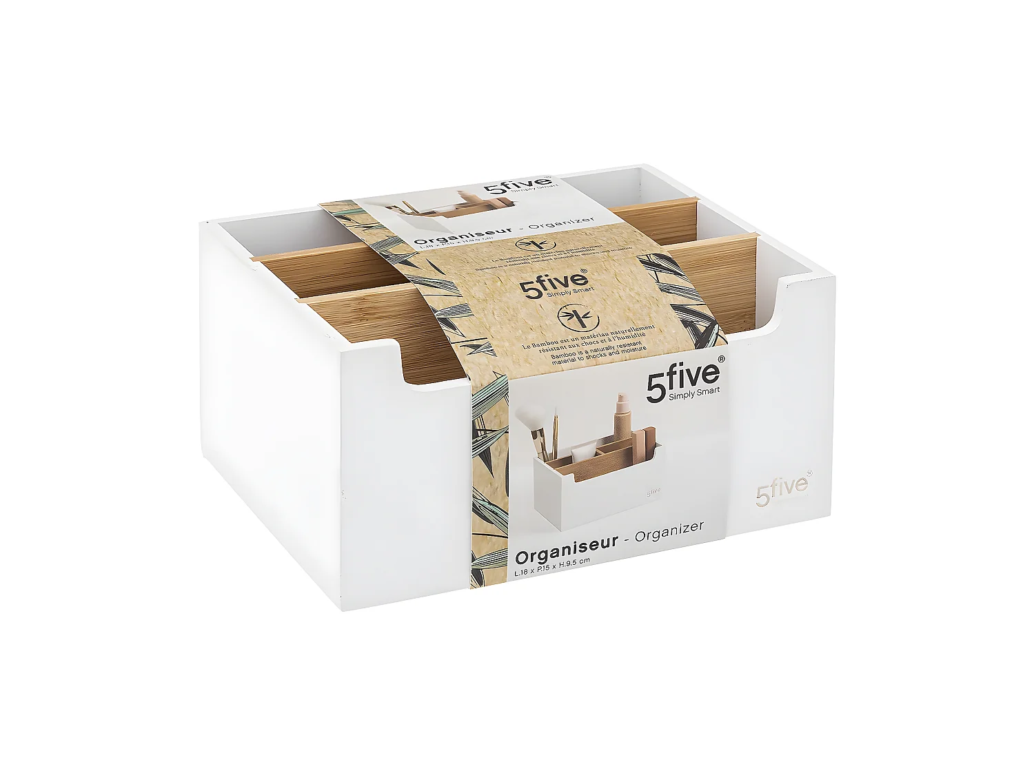 Organiseur Rangement maquillage 5 compartiments Blanc et Bambou