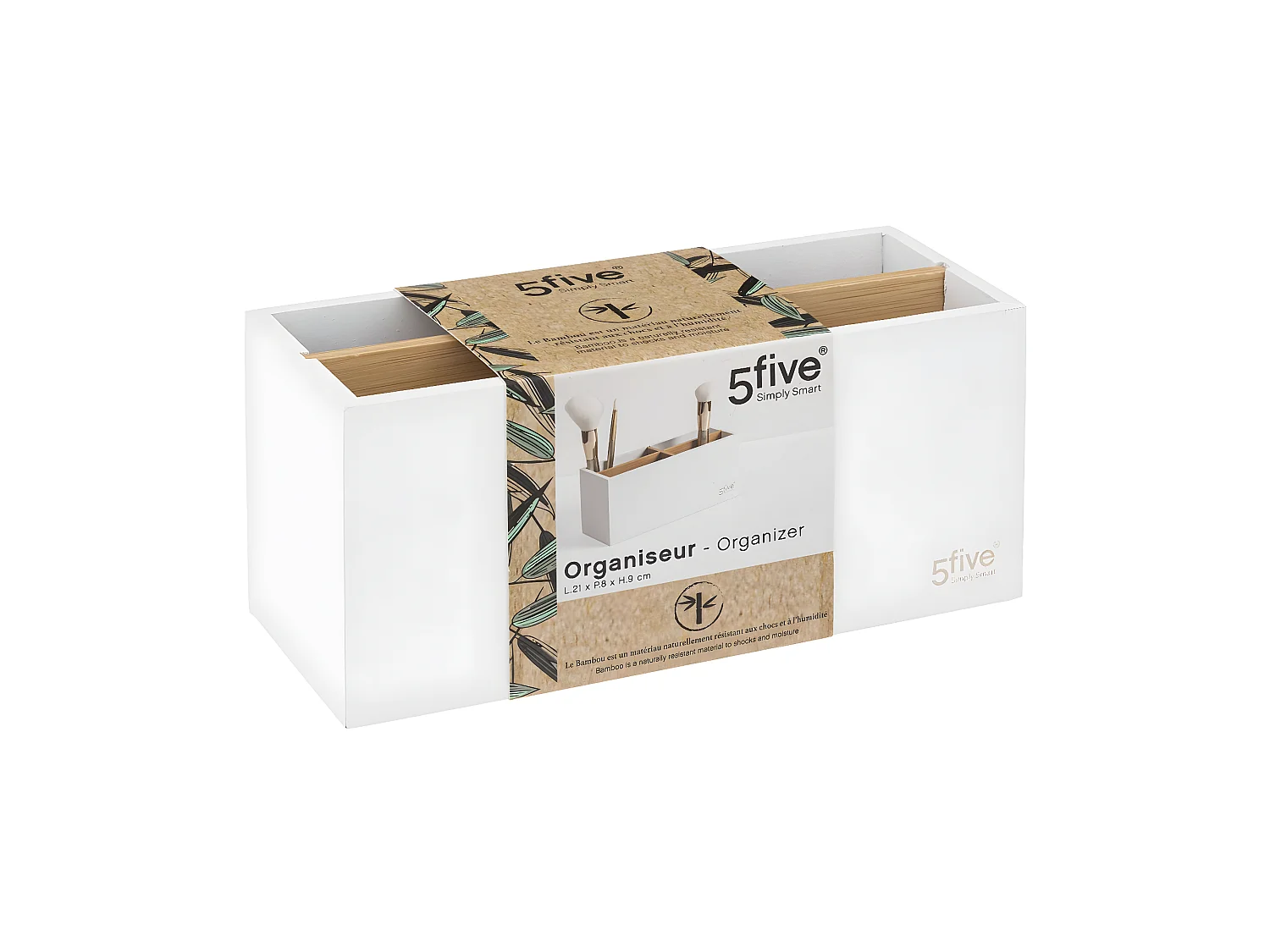 Organiseur Rangement maquillage 4 compartiments Blanc et Bambou