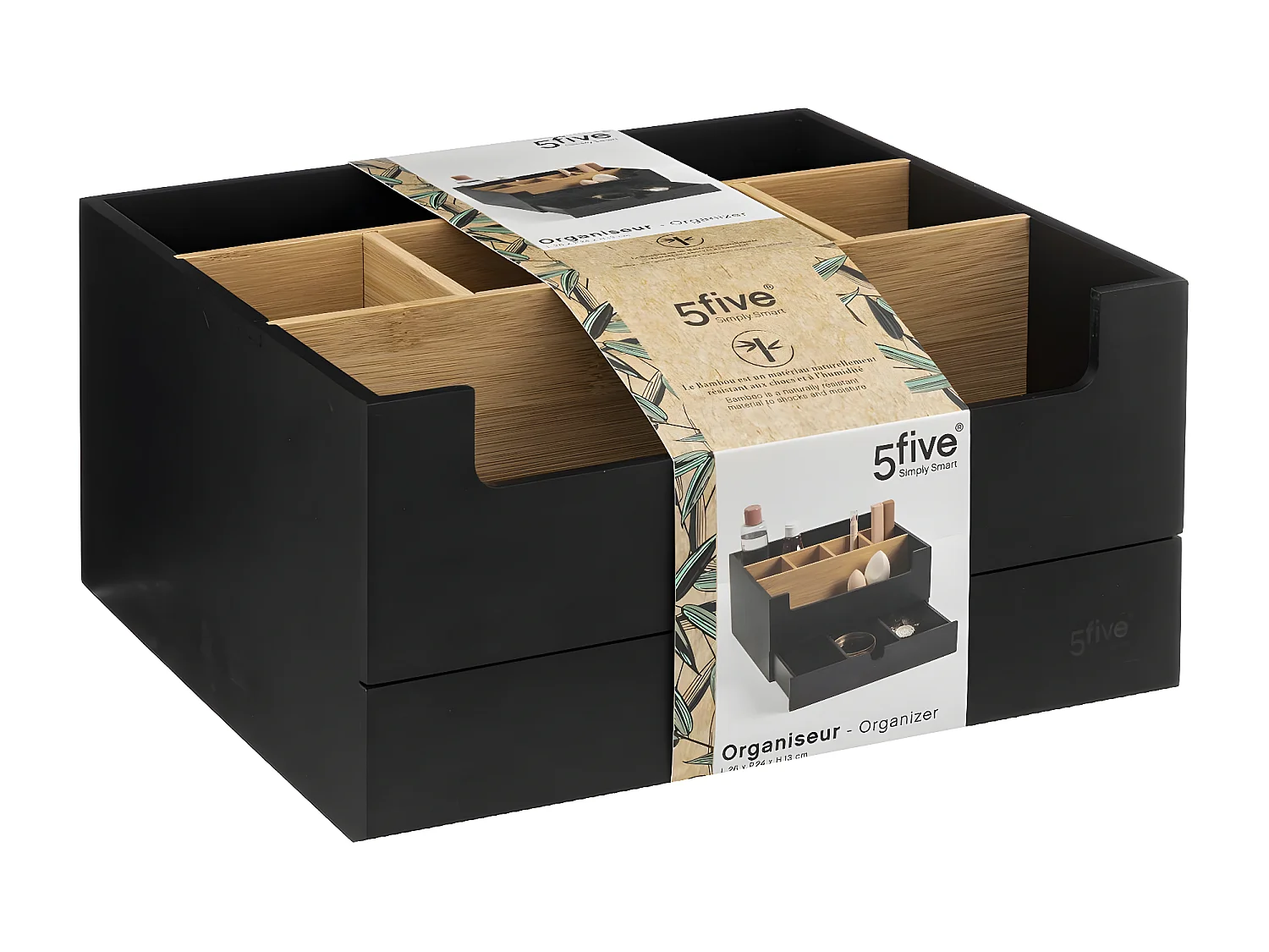 Organiseur Rangement maquillage 1 Tiroir 9 compartiments Noir et Bambou