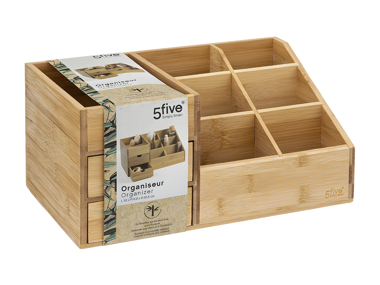 Organiseur Rangement maquillage 2 Tiroirs 7 compartiments en Bambou