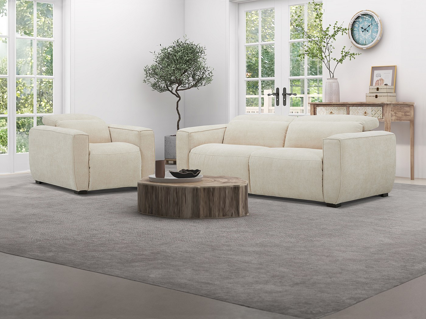 Canapé 3 places et fauteuil relax éléctrique en tissu beige LAGUNDI