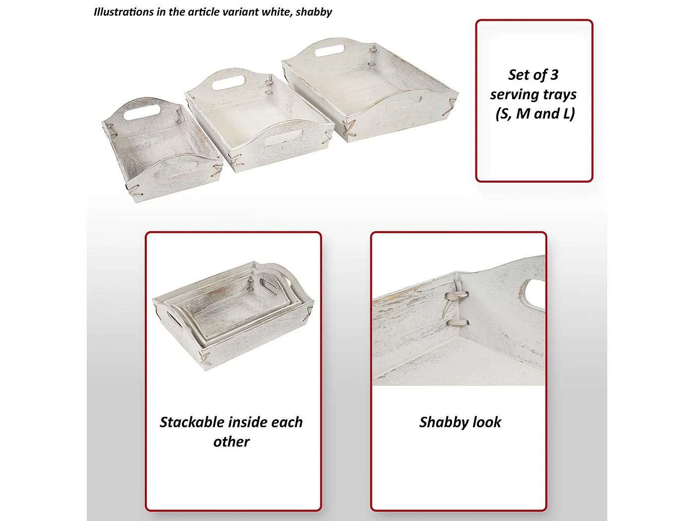 Plateau MCW-C50 look shabby (set de 3),  blanc shabby