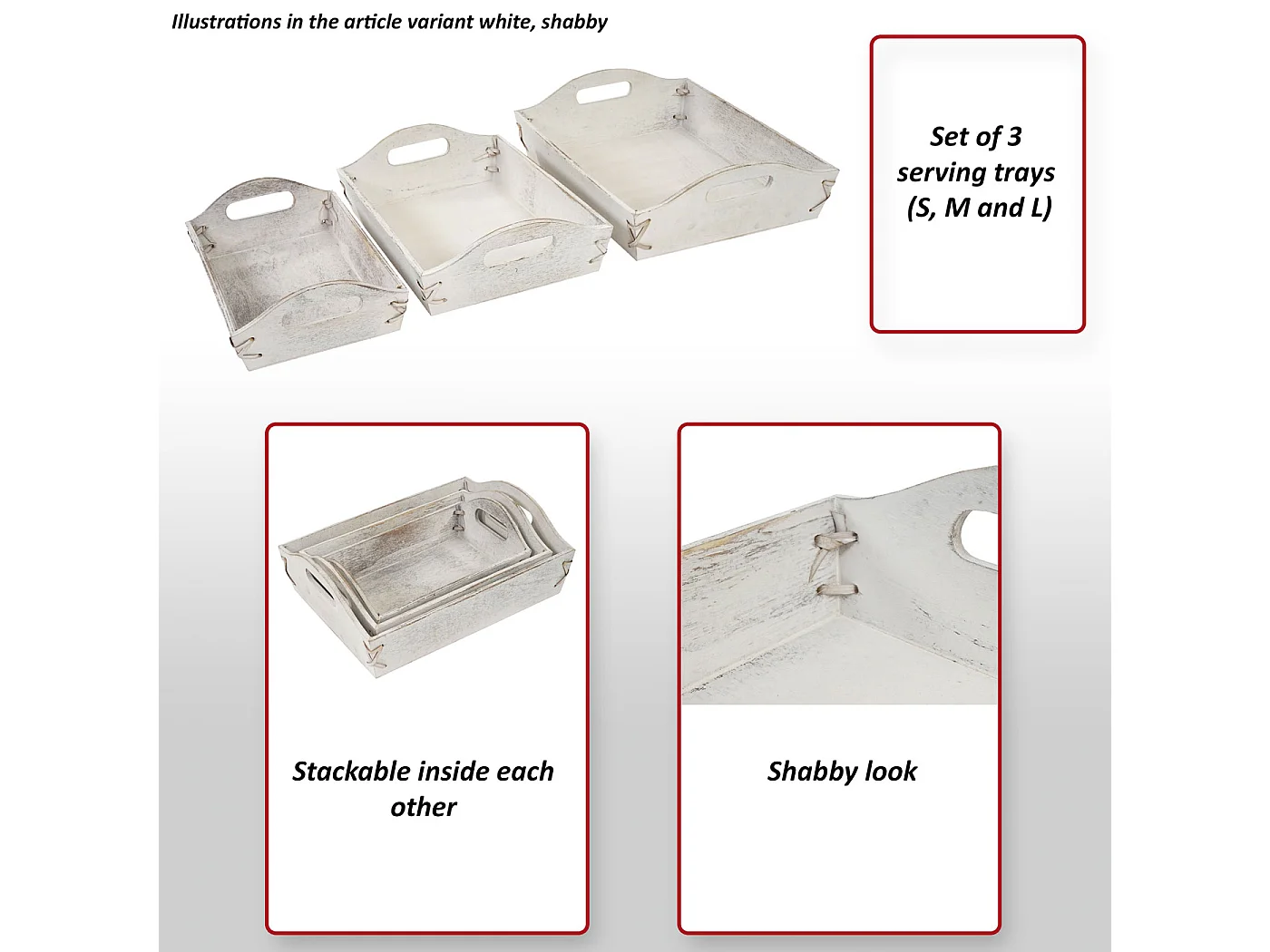 Set 3x vassoi decorativi cucina shabby vintage MCW-C50 legno paulonia naturale