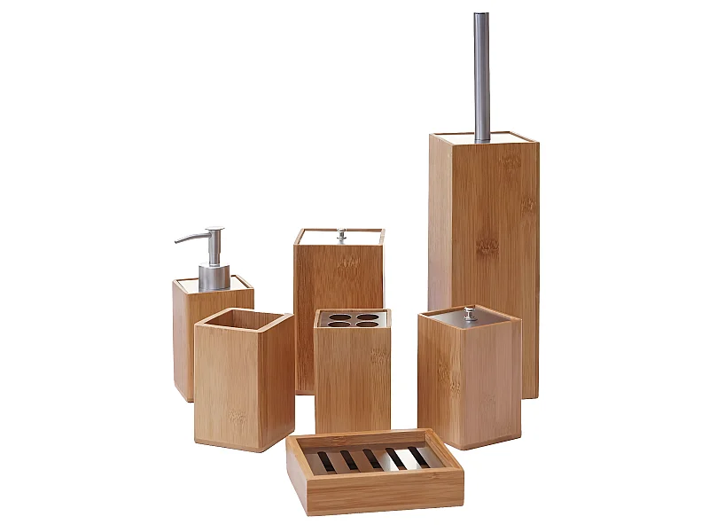 Set accessori da bagno MCW-A90 7 pezzi legno bambu e metallo