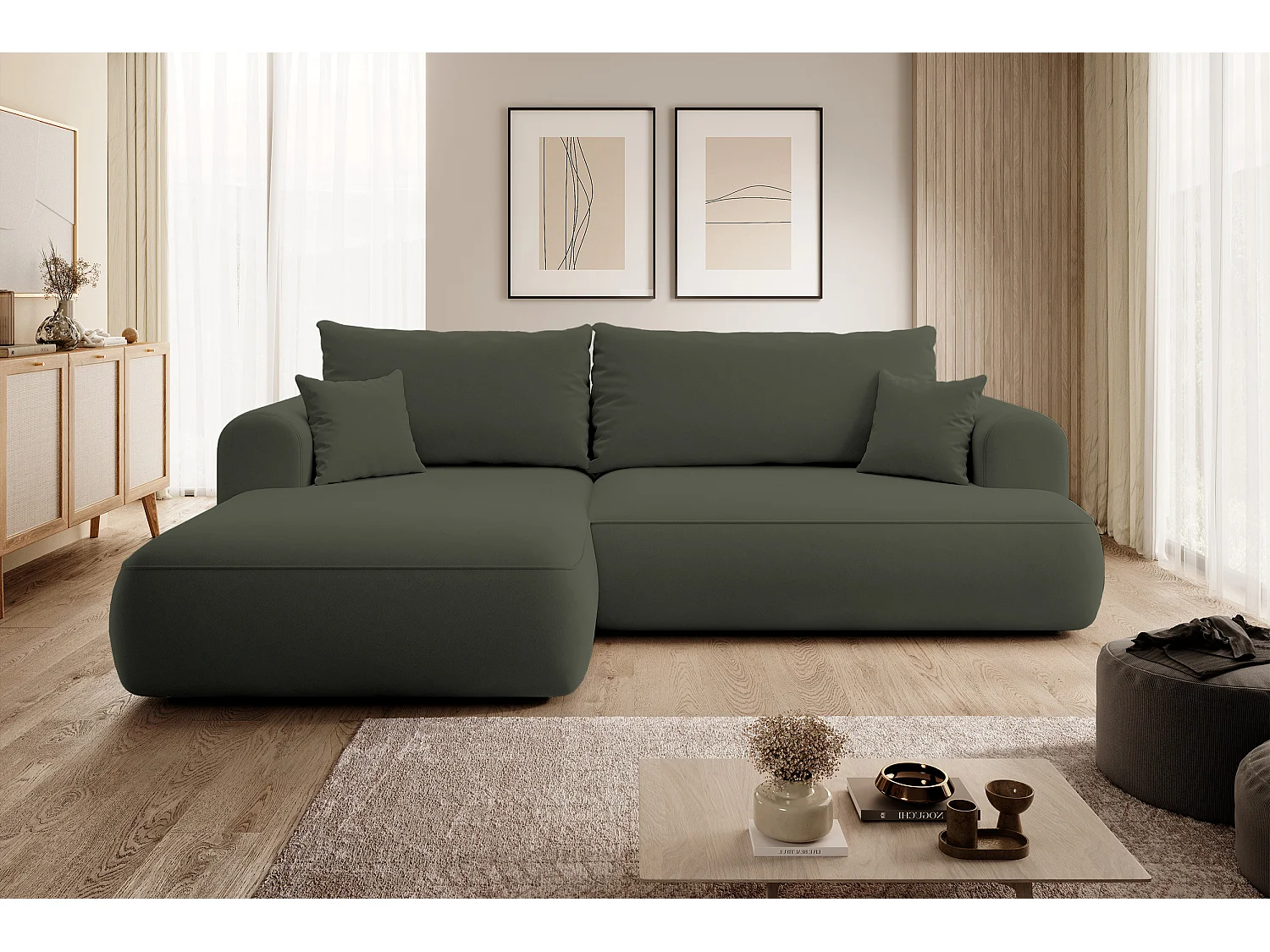 Canapé d'angle - 260 cm - avec fonction de couchage en forme de L - avec coffre - olive velours - côté gauche - OVO