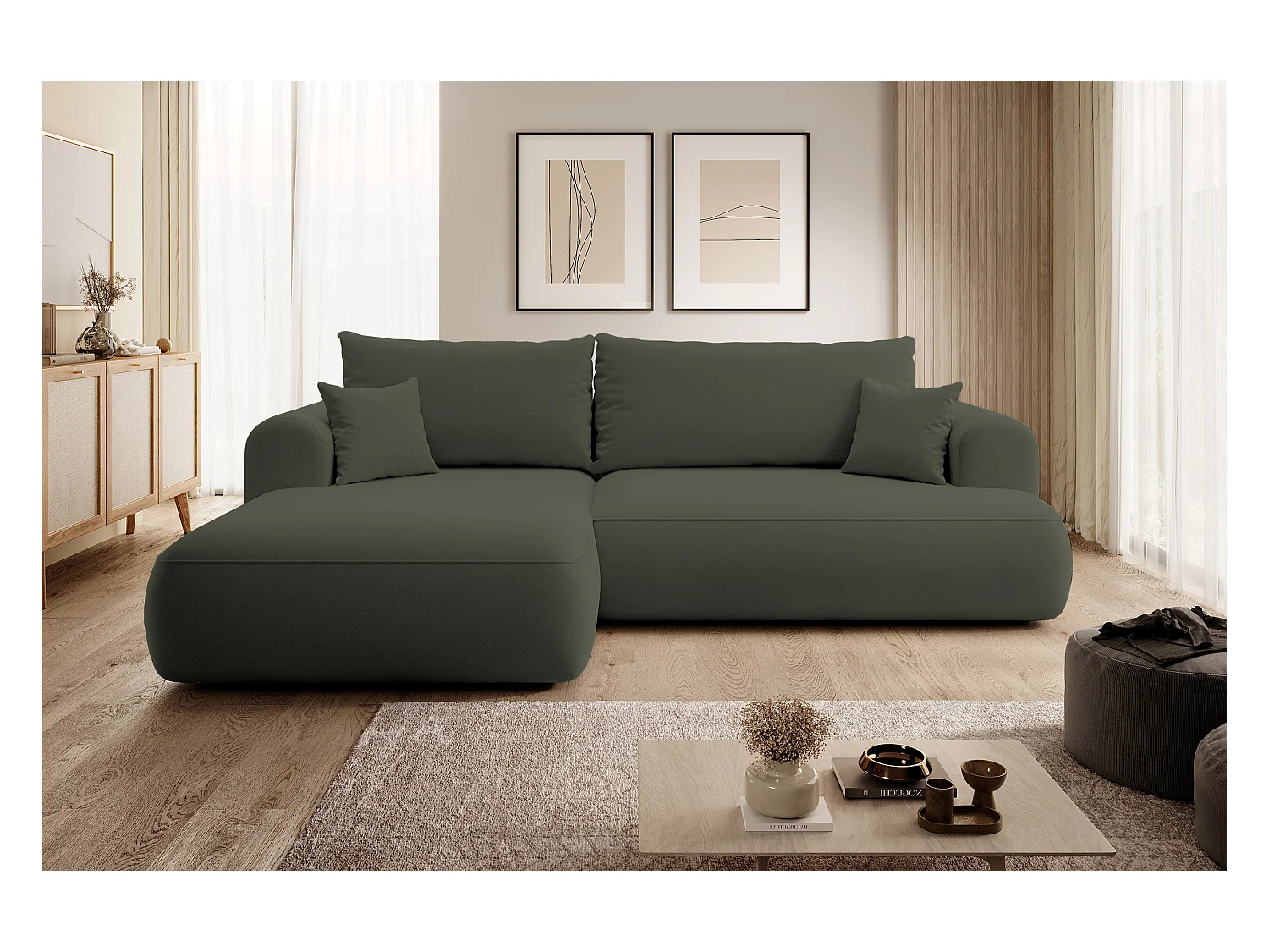 Canapé d'angle - 260 cm - avec fonction de couchage en forme de L - avec coffre - olive velours - côté gauche - OVO