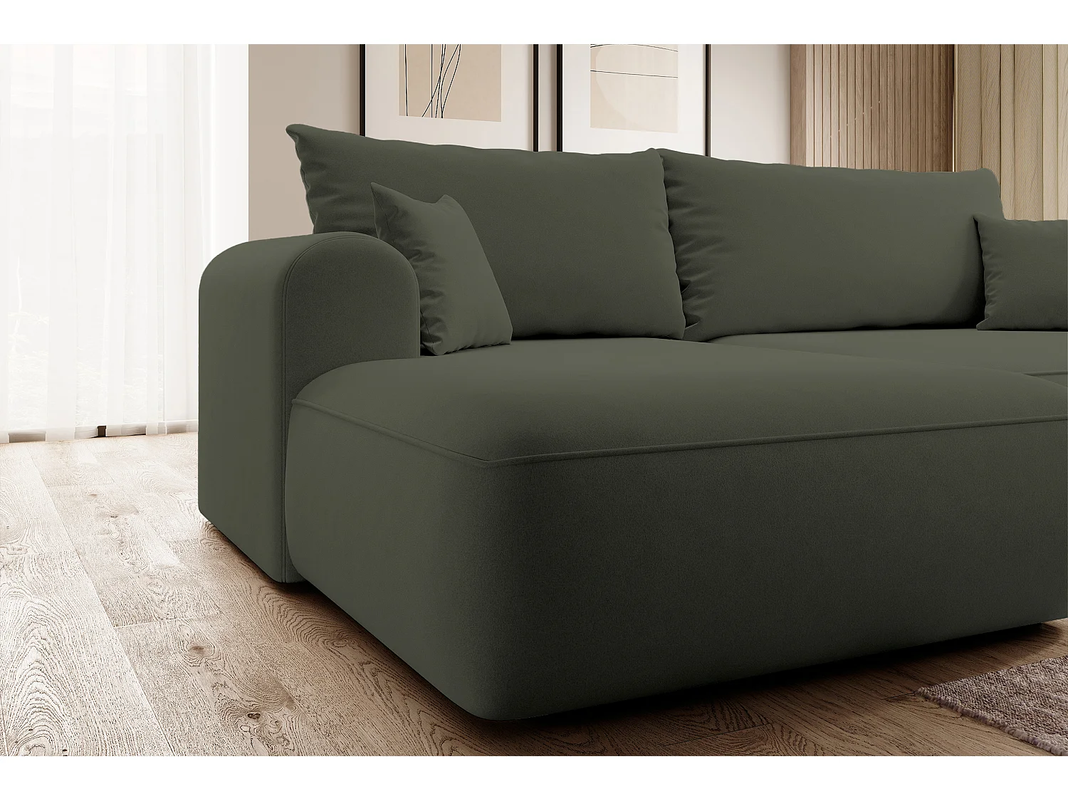 Canapé d'angle - 260 cm - avec fonction de couchage en forme de L - avec coffre - olive velours - côté gauche - OVO