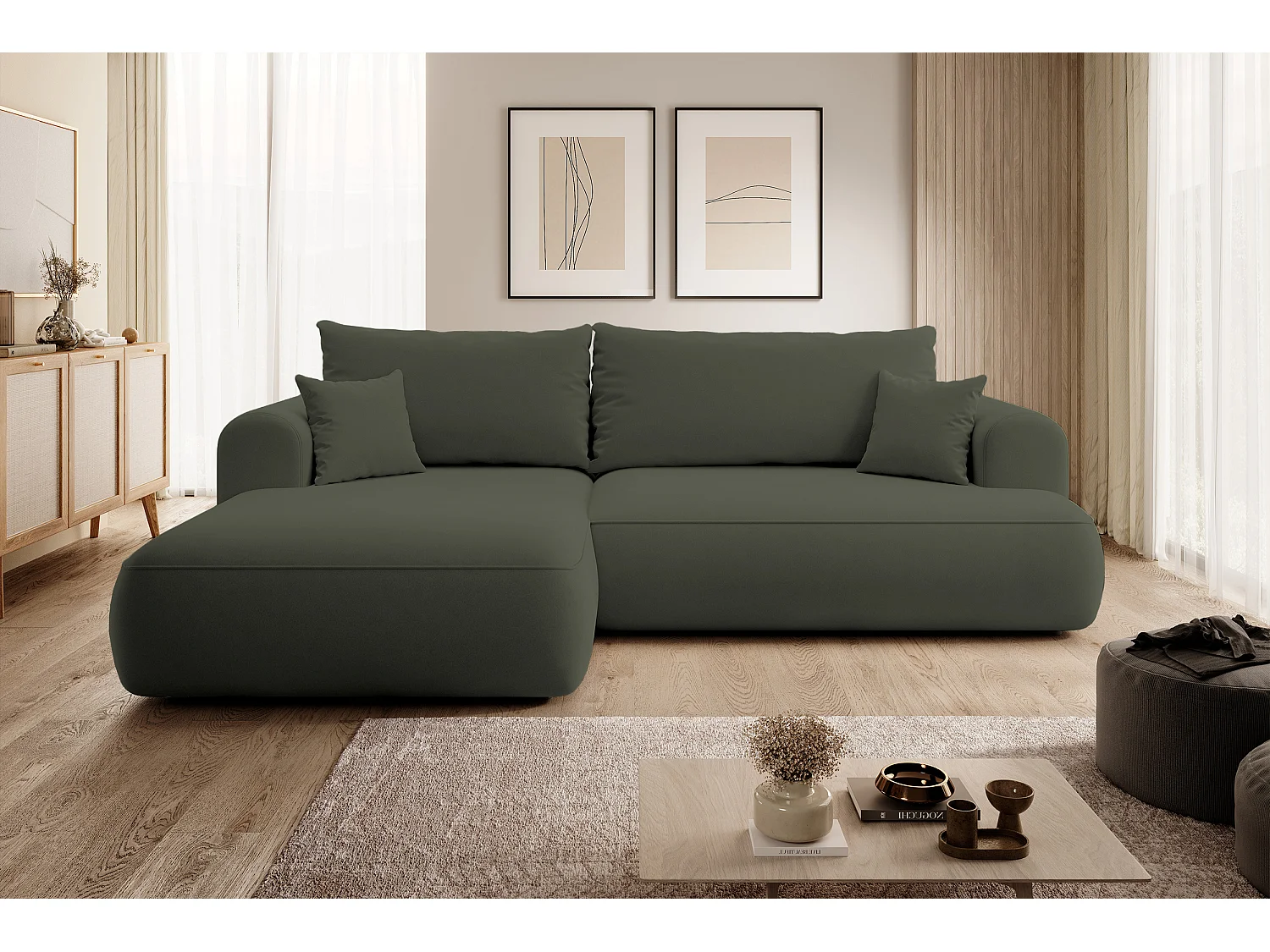 Canapé d'angle - 260 cm - avec fonction de couchage en forme de L - avec coffre - olive velours - côté gauche - OVO