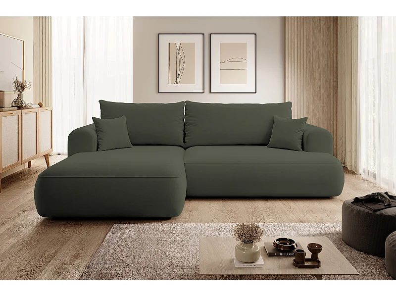 Canapé d'angle - 260 cm - avec fonction de couchage en forme de L - avec coffre - olive velours - côté gauche - OVO