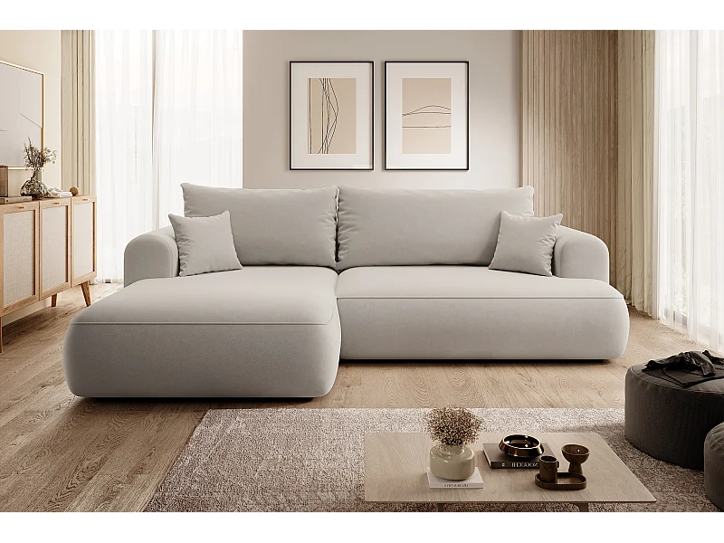 Canapé d'angle - 260 cm - avec fonction de couchage en forme de L - avec coffre - crème velours - côté gauche - OVO