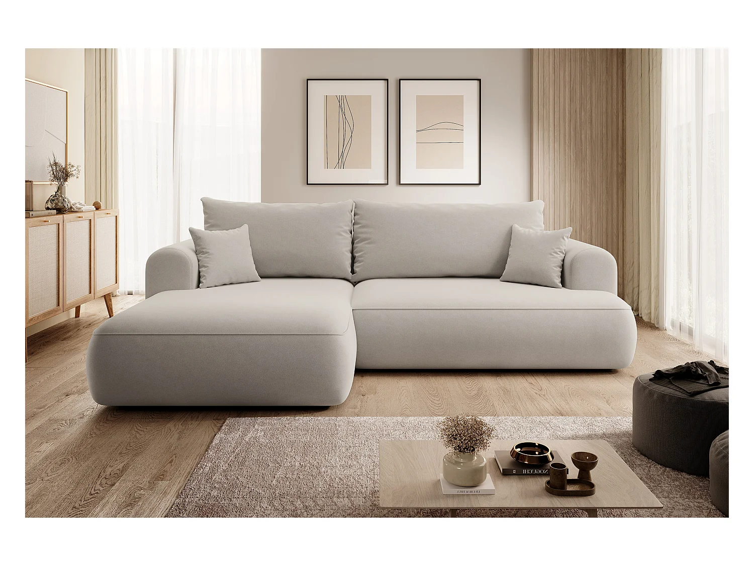 Canapé d'angle - 260 cm - avec fonction de couchage en forme de L - avec coffre - crème velours - côté gauche - OVO