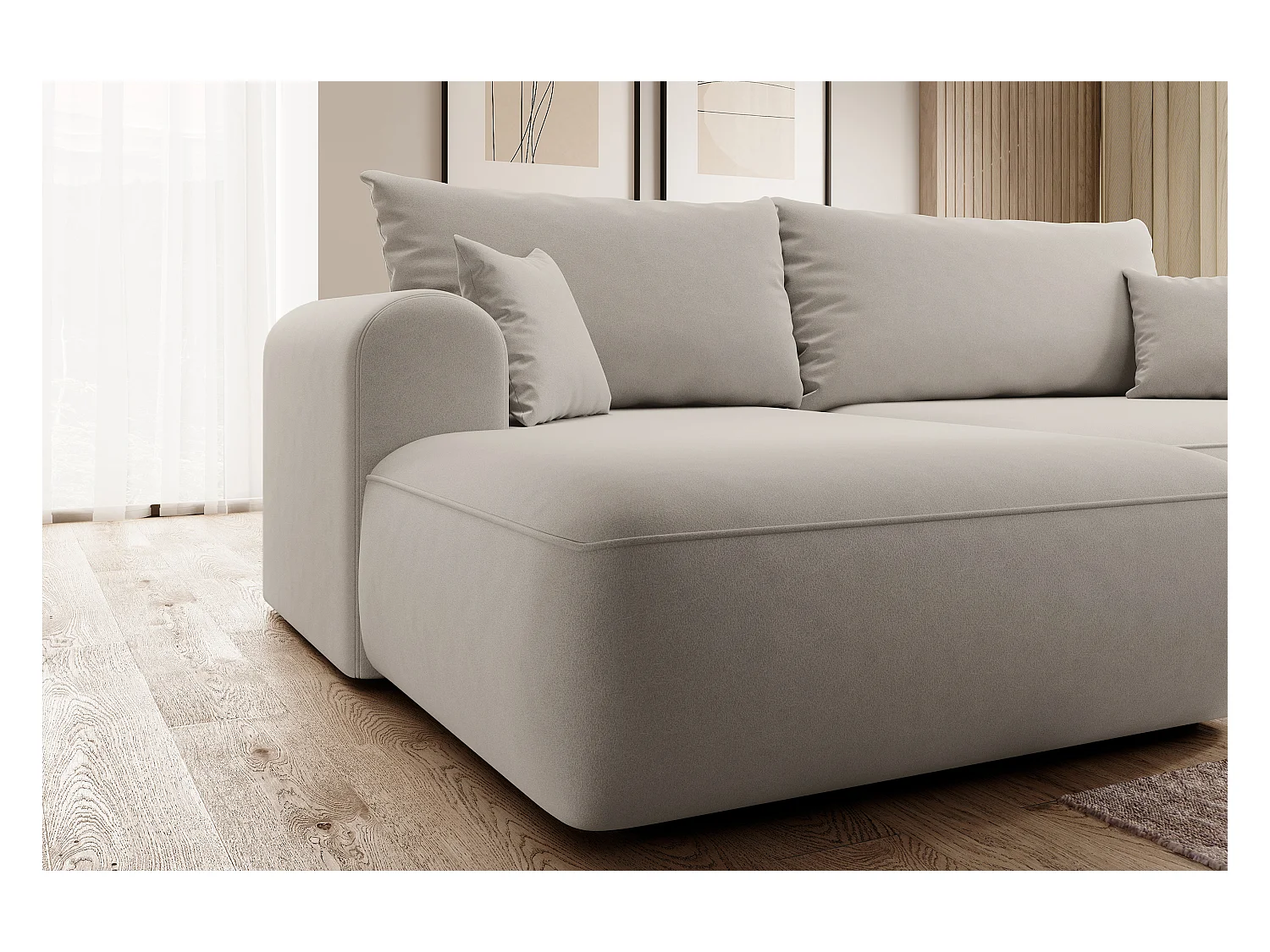 Ecksofa mit Schlaffunktion - Bettkasten - Ottomane links - Easy-Clean-Veloursbezug in Cremeweiß - OVO