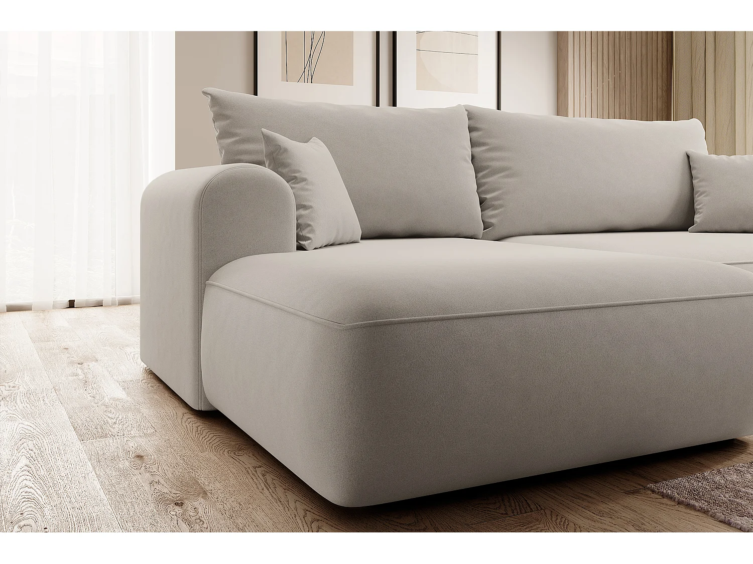 Canapé d'angle - 260 cm - avec fonction de couchage en forme de L - avec coffre - crème velours - côté gauche - OVO