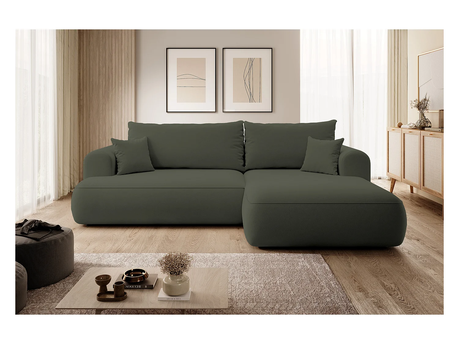 Canapé d'angle - 260 cm - avec fonction de couchage en forme de L - avec coffre - olive velours - côté droit - OVO
