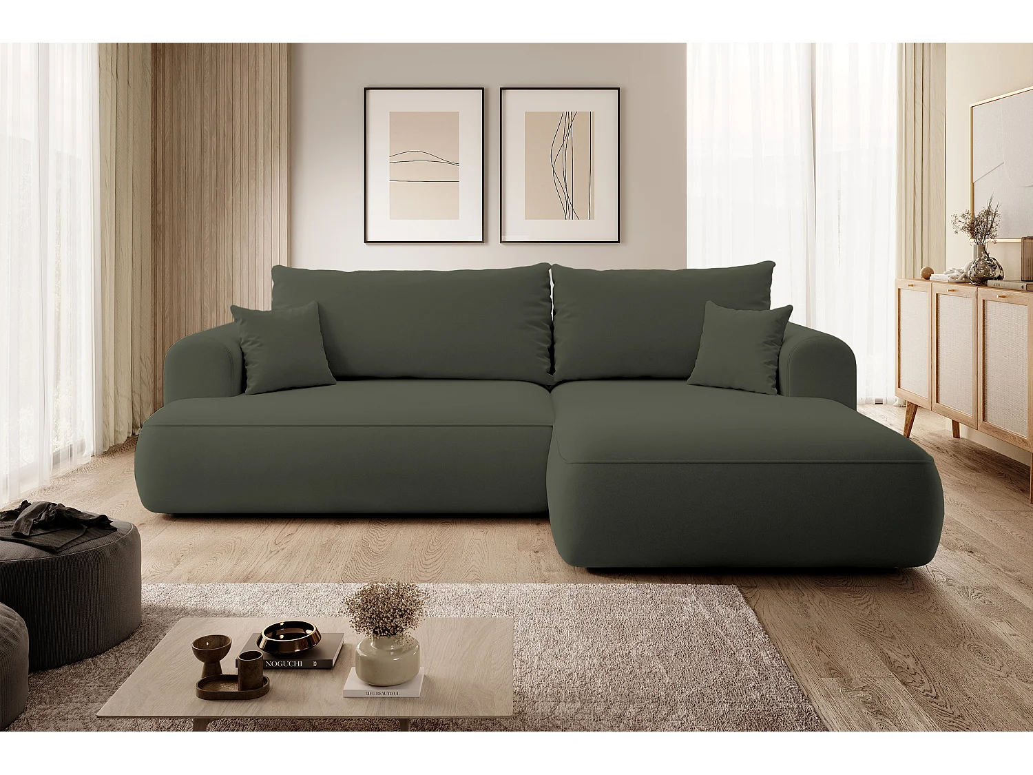 Canapé d'angle - 260 cm - avec fonction de couchage en forme de L - avec coffre - olive velours - côté droit - OVO