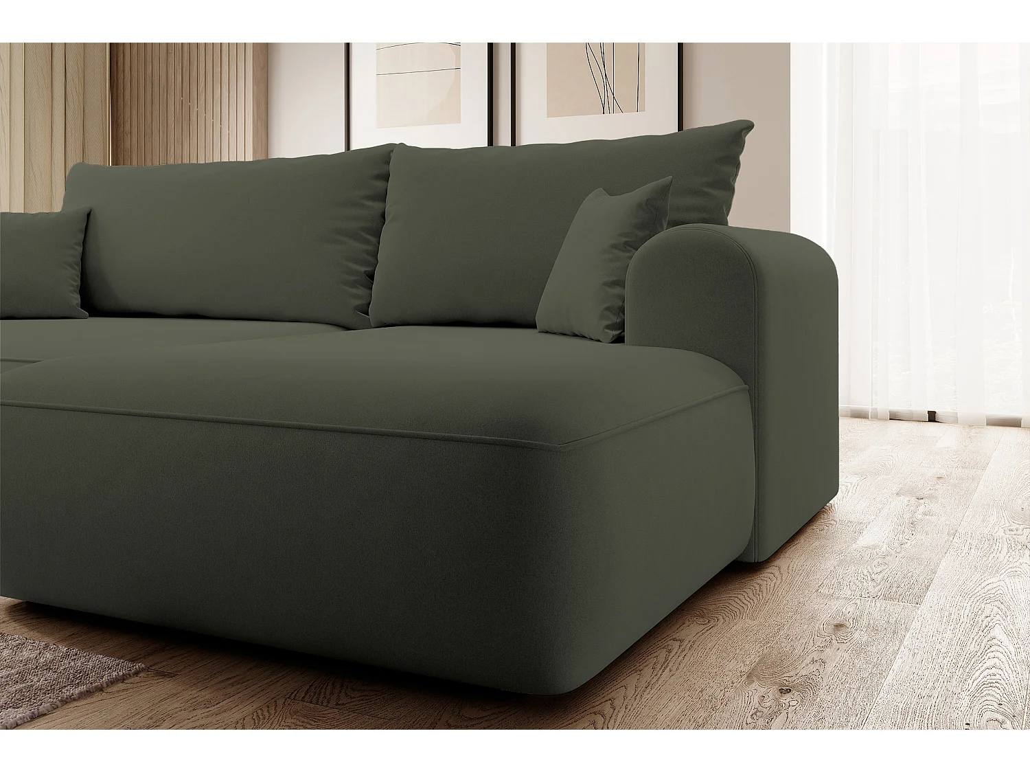 Canapé d'angle - 260 cm - avec fonction de couchage en forme de L - avec coffre - olive velours - côté droit - OVO
