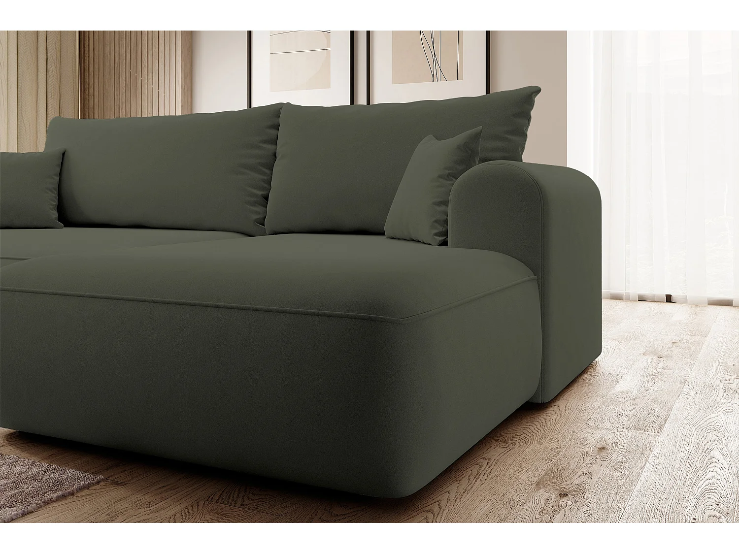 Ecksofa mit Schlaffunktion - Bettkasten - Ottomane rechts - Easy-Clean-Veloursbezug in Olivgrün - OVO