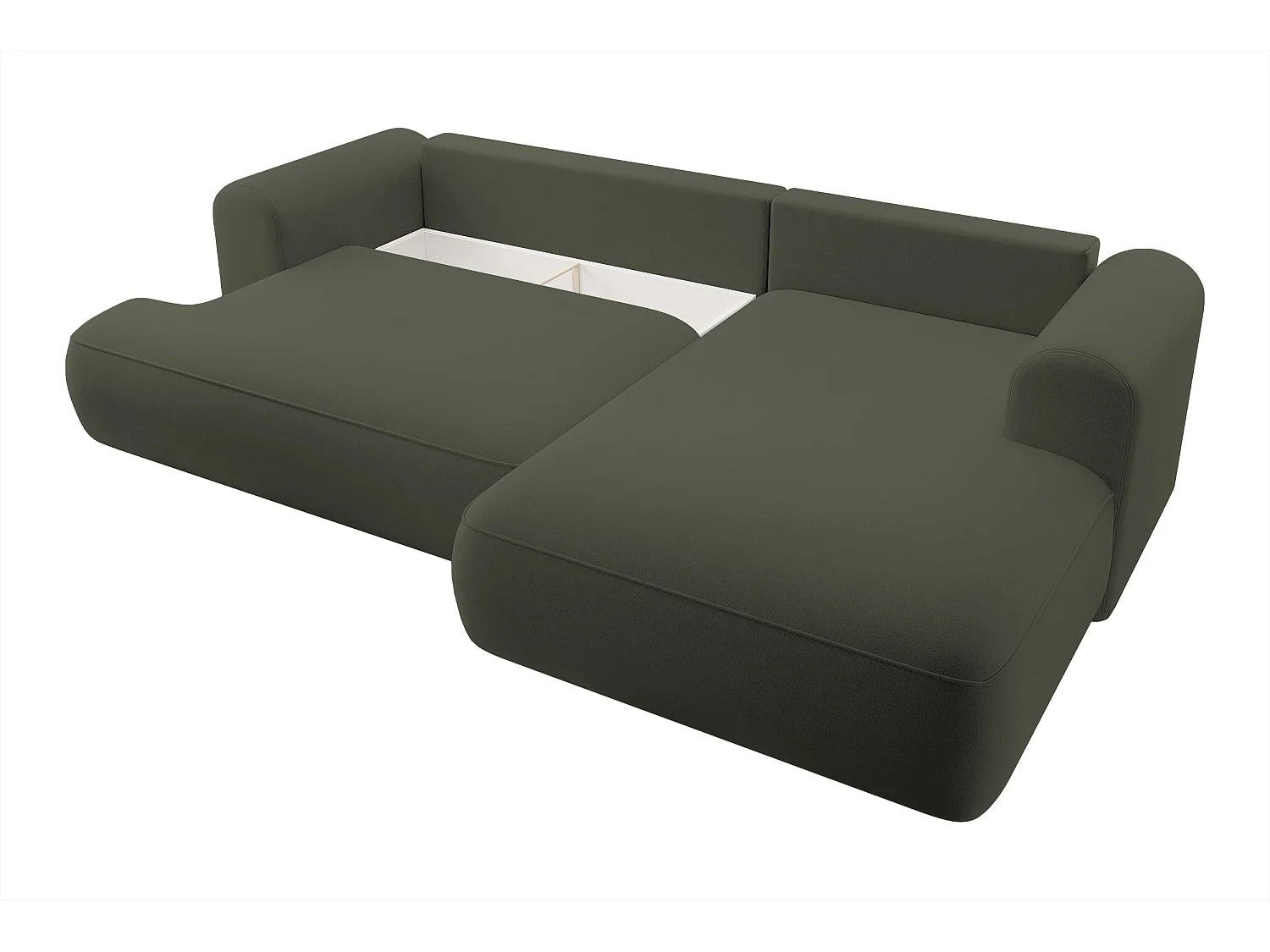 Ecksofa mit Schlaffunktion - Bettkasten - Ottomane rechts - Easy-Clean-Veloursbezug in Olivgrün - OVO