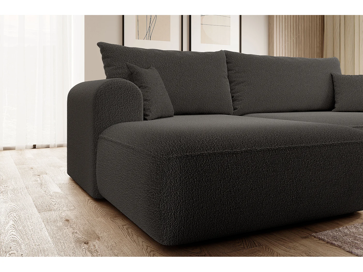 Ecksofa mit Schlaffunktion - Bettkasten - Ottomane links - Boucle-Bezug in Dunkelgrau - OVO