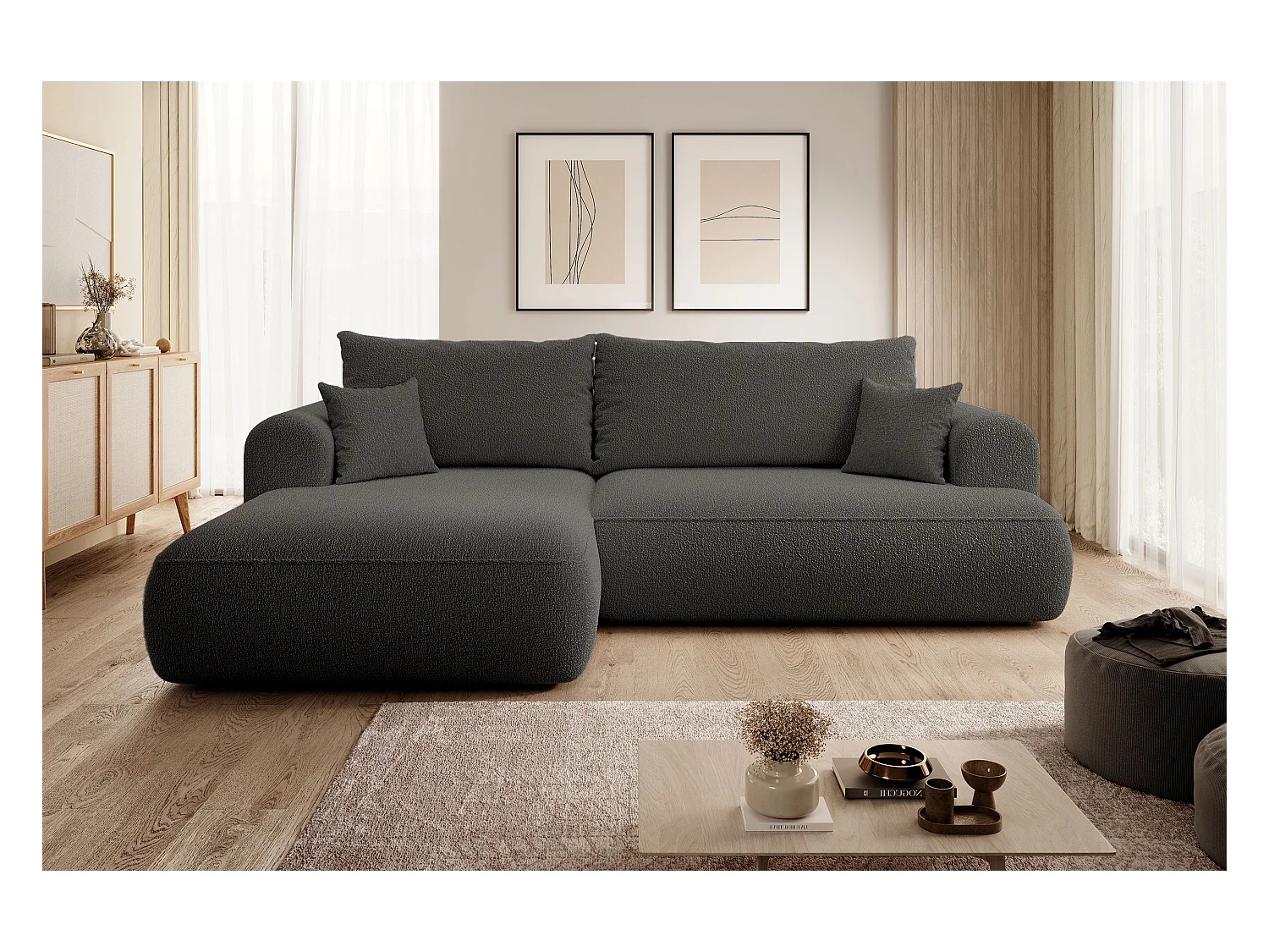 Canapé d'angle - 260 cm - avec fonction de couchage en forme de L - avec coffre - gris foncé boucle - côté gauche - OVO