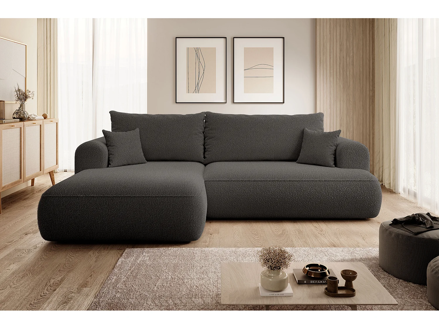 Ecksofa mit Schlaffunktion - Bettkasten - Ottomane links - Boucle-Bezug in Dunkelgrau - OVO