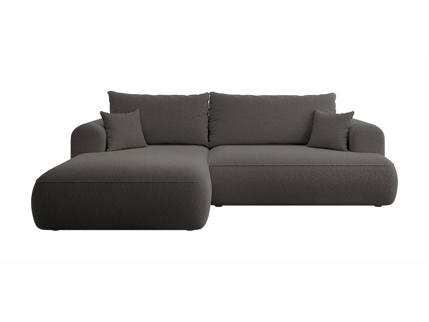 Ecksofa mit Schlaffunktion - Bettkasten - Ottomane links - Boucle-Bezug in Dunkelgrau - OVO