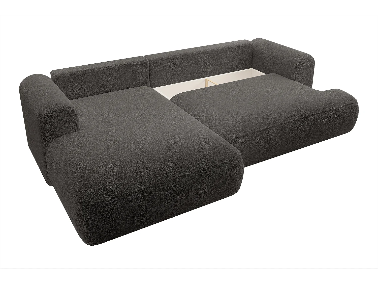 Ecksofa mit Schlaffunktion - Bettkasten - Ottomane links - Boucle-Bezug in Dunkelgrau - OVO