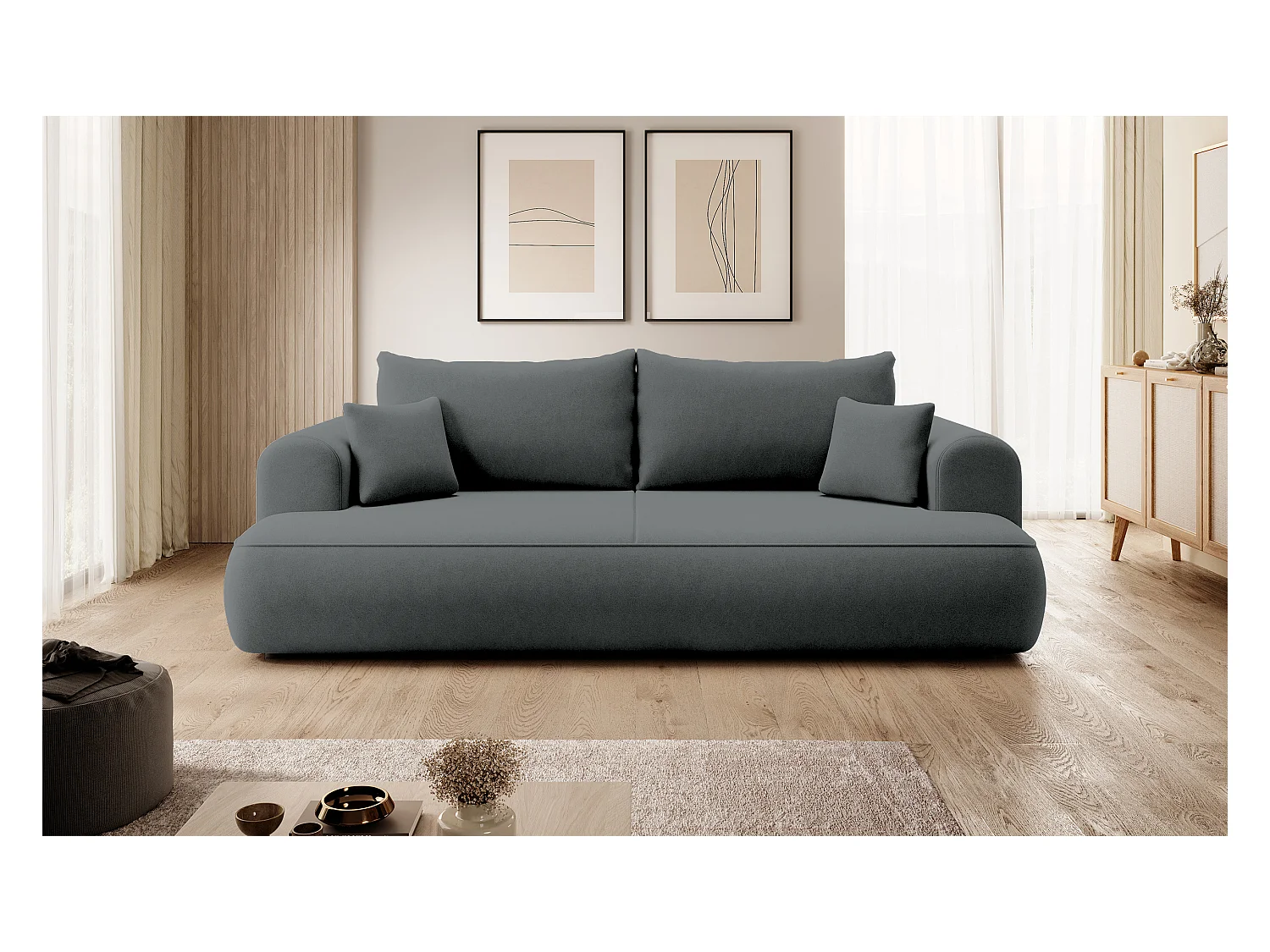 Canapé convertible - 3 places - avec coffre - gris foncé velours - OVO