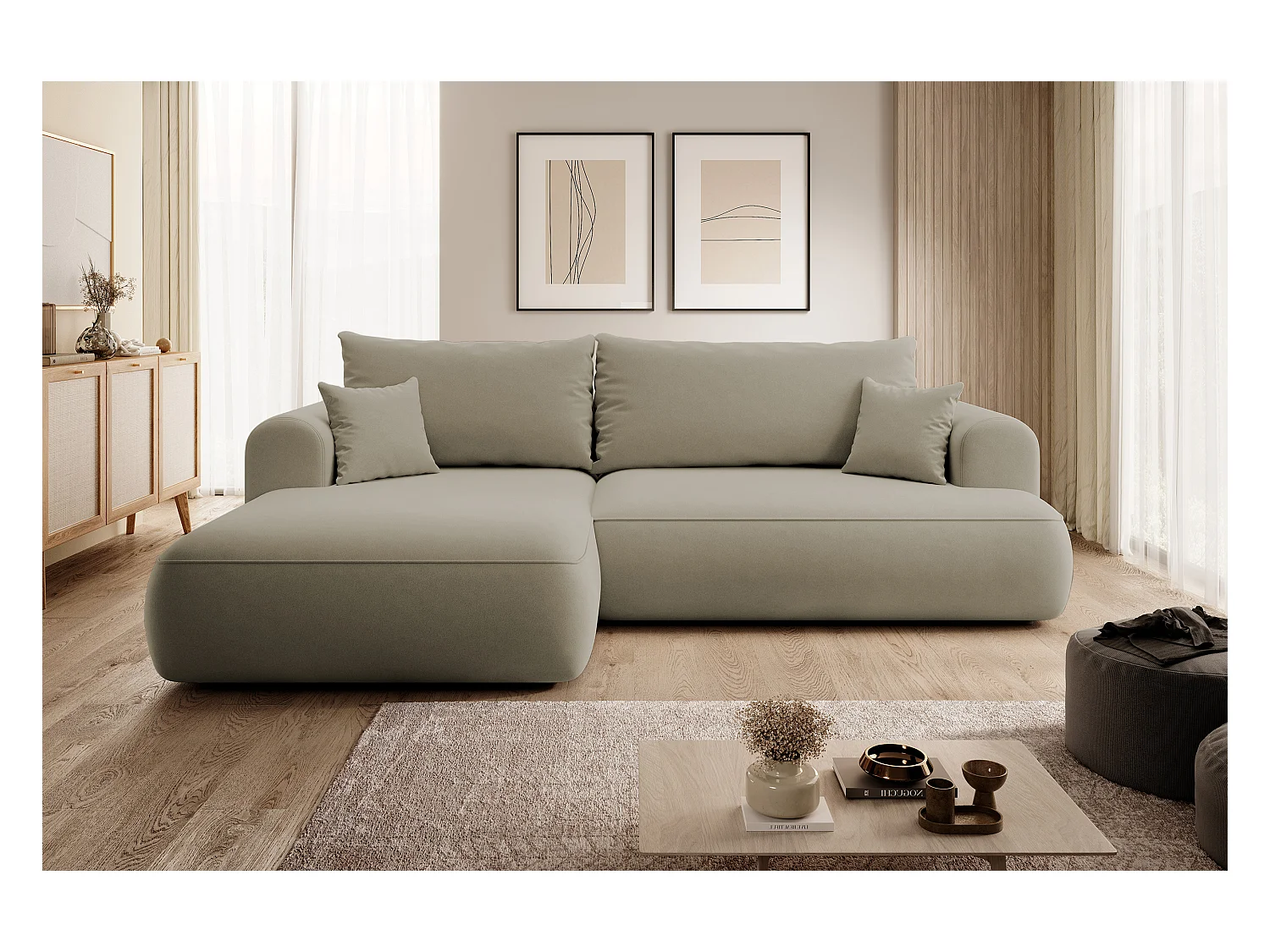 Canapé d'angle - 260 cm - avec fonction de couchage en forme de L - avec coffre - beige velours - côté gauche - OVO
