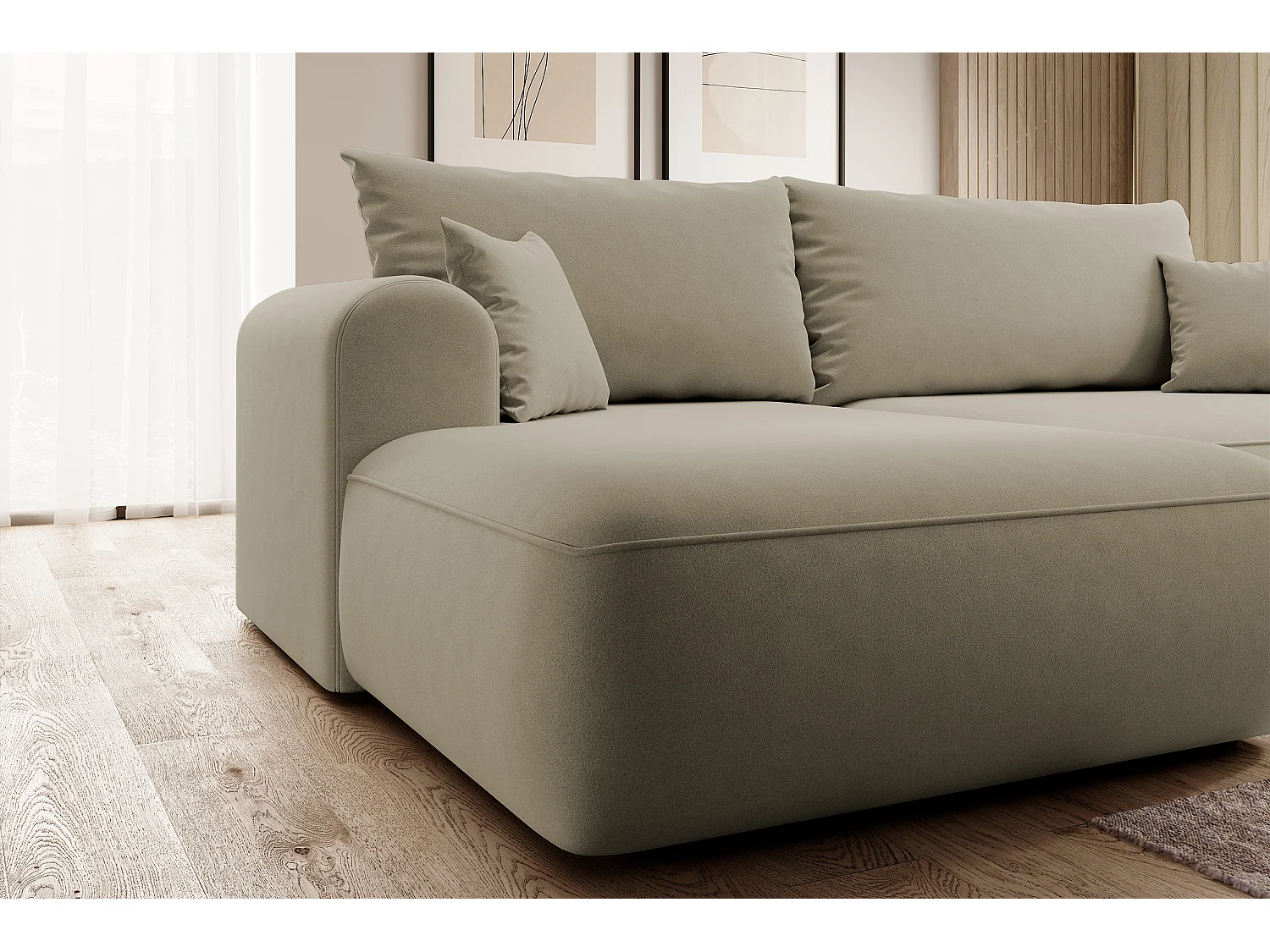 Canapé d'angle - 260 cm - avec fonction de couchage en forme de L - avec coffre - beige velours - côté gauche - OVO