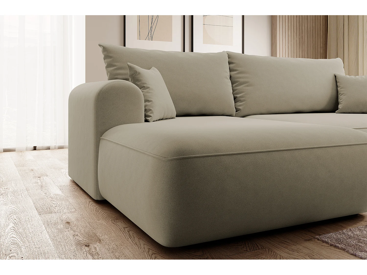 Canapé d'angle - 260 cm - avec fonction de couchage en forme de L - avec coffre - beige velours - côté gauche - OVO