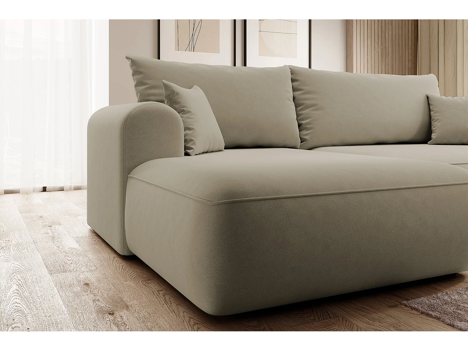 Ecksofa mit Schlaffunktion - Bettkasten - Ottomane links - Easy-Clean-Veloursbezug in Beige - OVO