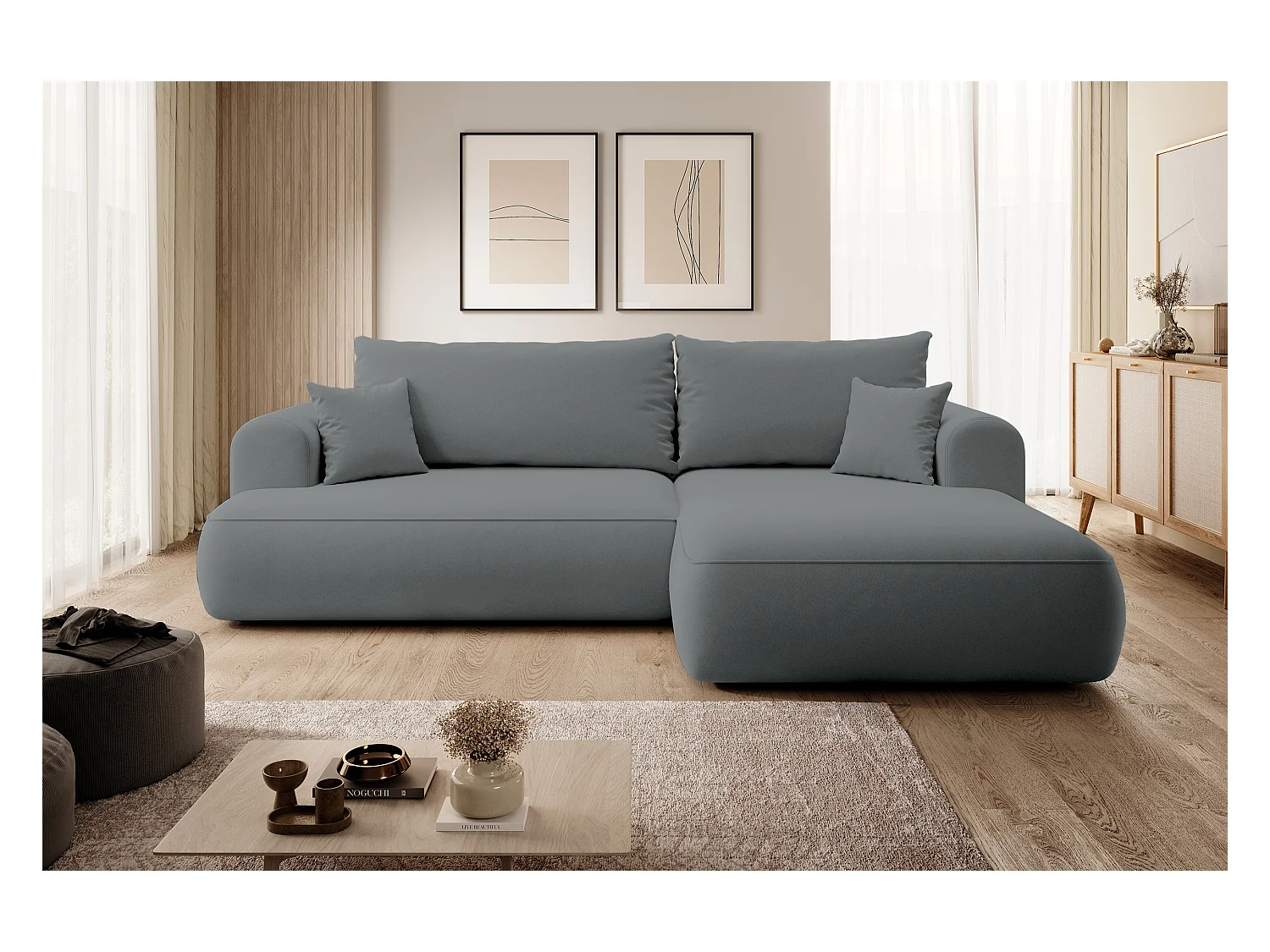 Canapé d'angle - 260 cm - avec fonction de couchage en forme de L - avec coffre - gris foncé velours - côté droit - OVO