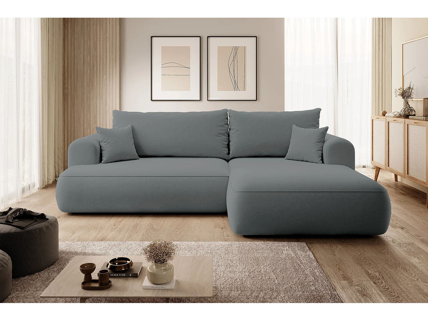 Canapé d'angle - 260 cm - avec fonction de couchage en forme de L - avec coffre - gris foncé velours - côté droit - OVO