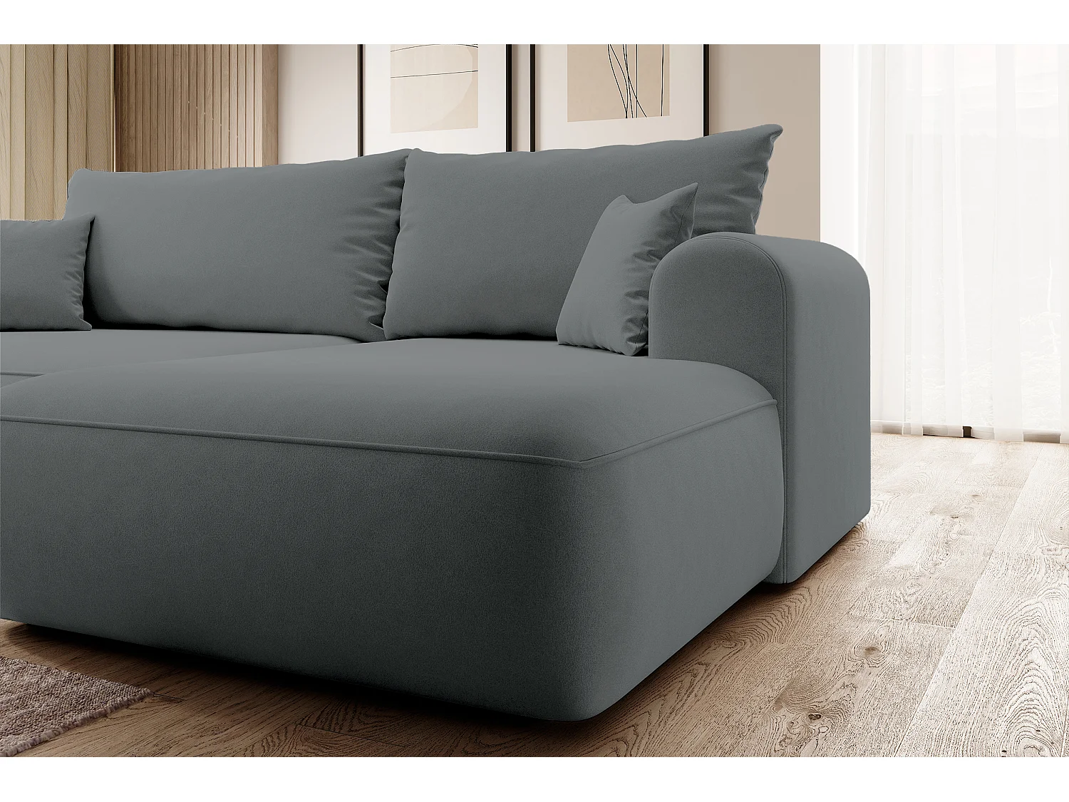 Canapé d'angle - 260 cm - avec fonction de couchage en forme de L - avec coffre - gris foncé velours - côté droit - OVO