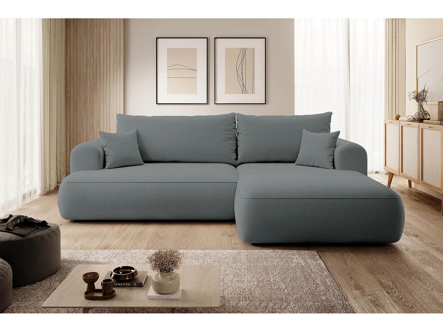 Canapé d'angle - 260 cm - avec fonction de couchage en forme de L - avec coffre - gris foncé velours - côté droit - OVO