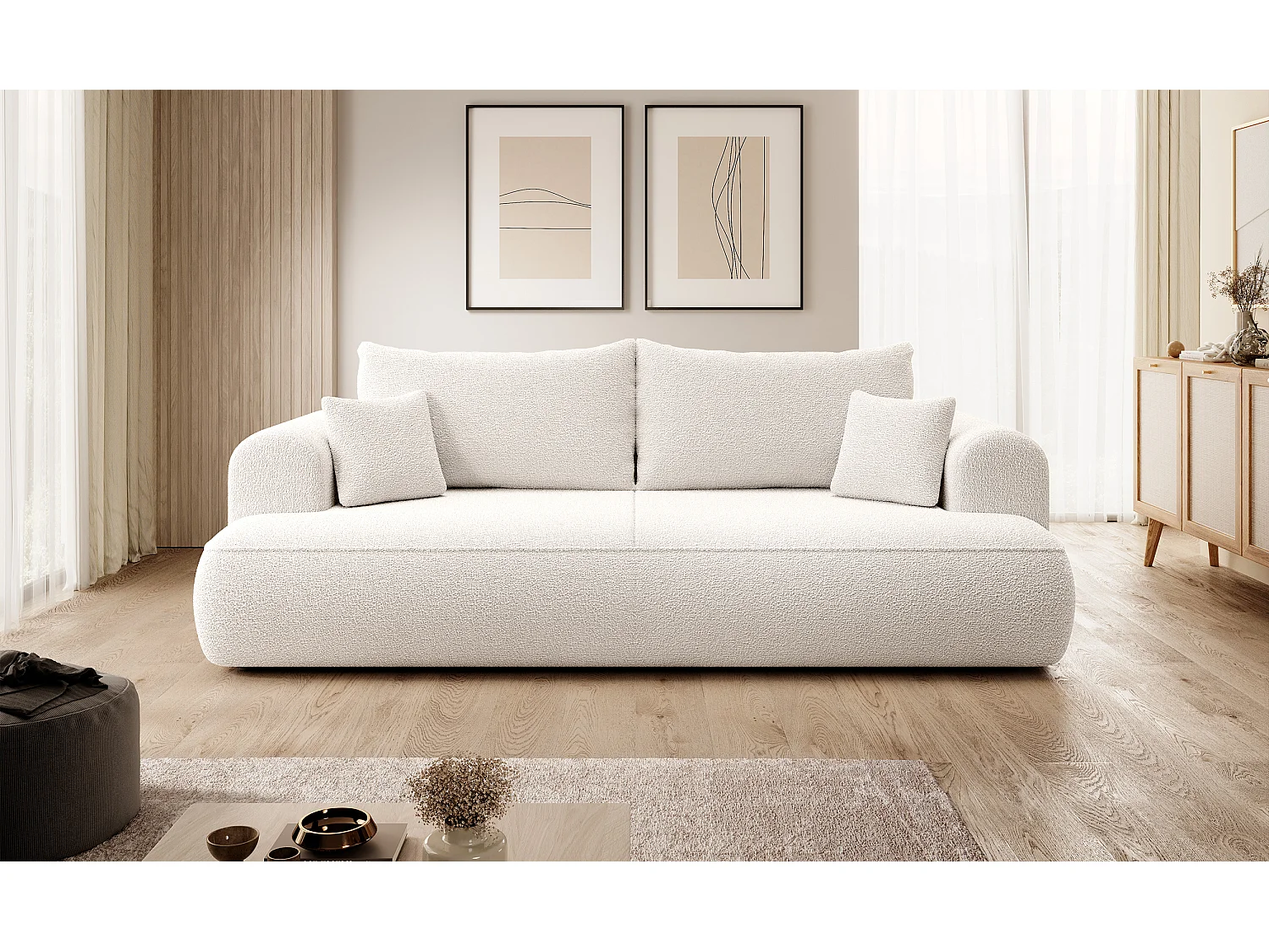 3-Sitzer-Sofa mit Schlaffunktion - Boucle-Bezug in Cremeweiß - OVO