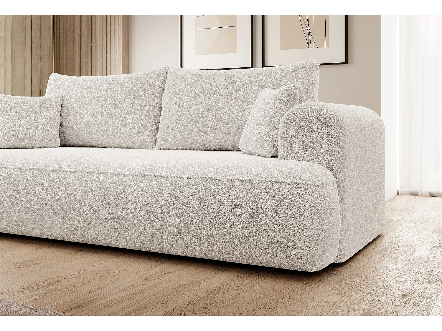 3-Sitzer-Sofa mit Schlaffunktion - Boucle-Bezug in Cremeweiß - OVO
