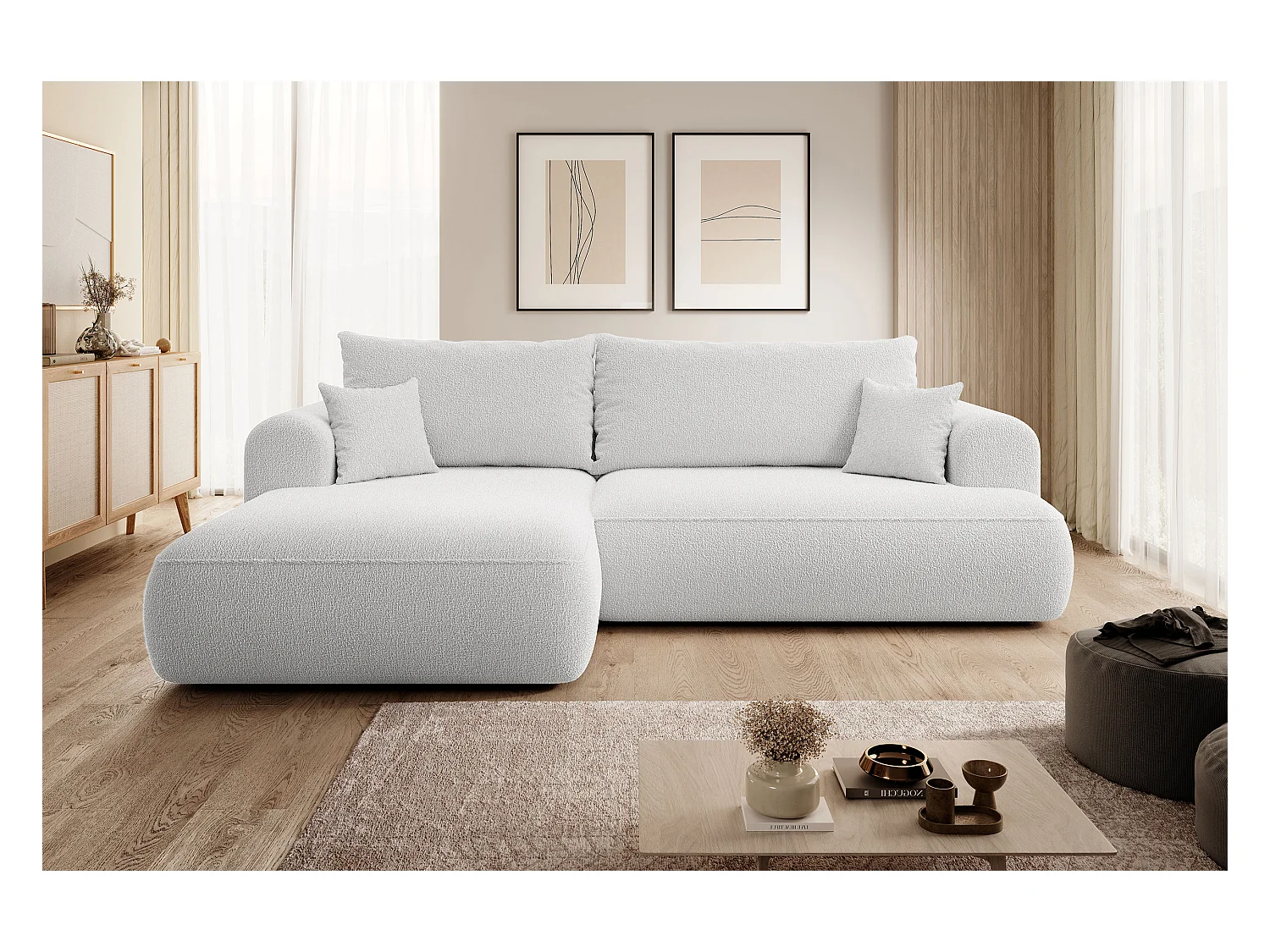 Canapé d'angle - 260 cm - avec fonction de couchage en forme de L - avec coffre - gris boucle - côté gauche - OVO