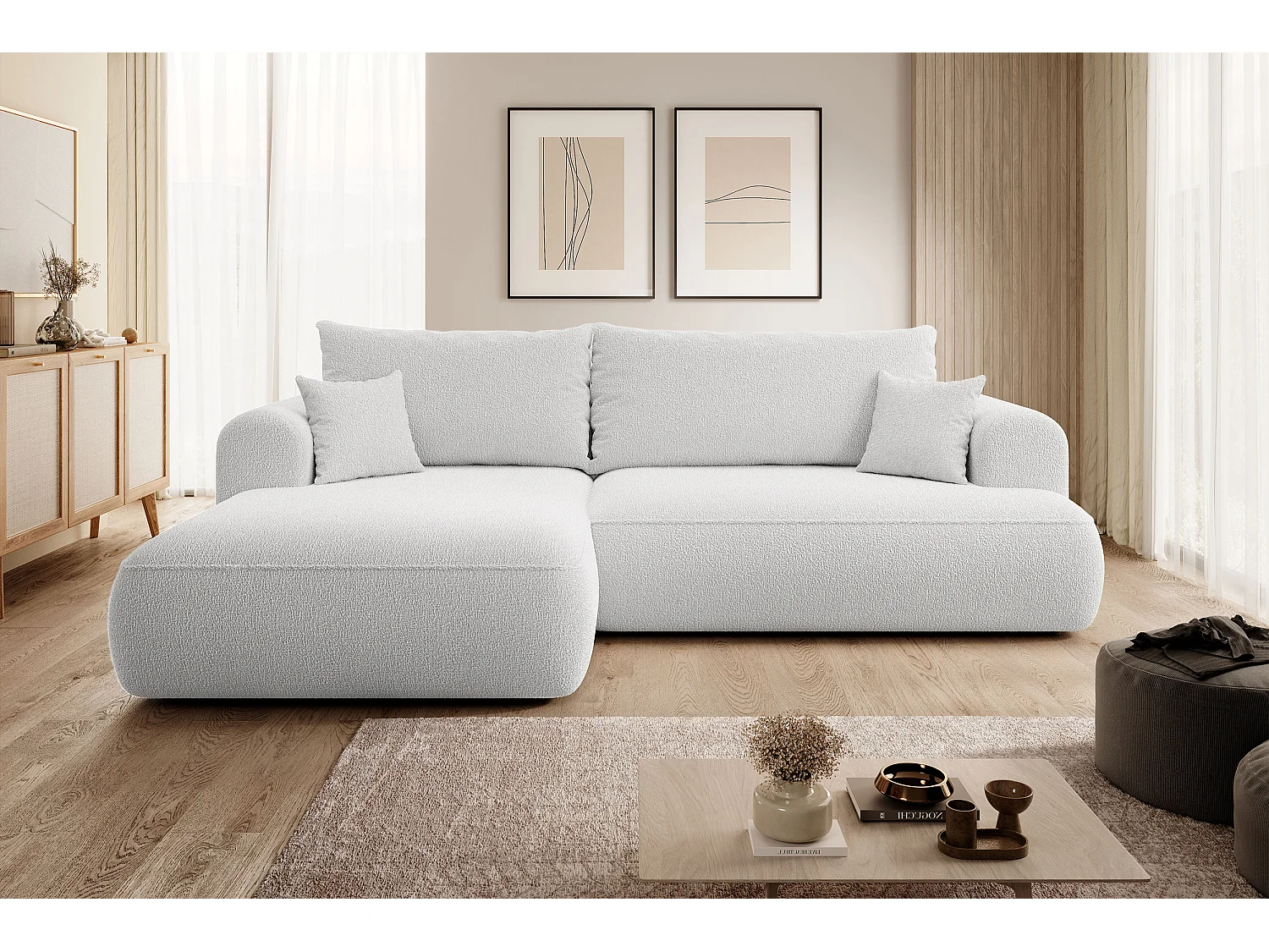 Ecksofa mit Schlaffunktion - Bettkasten - Ottomane links - Boucle-Bezug in Grau - OVO