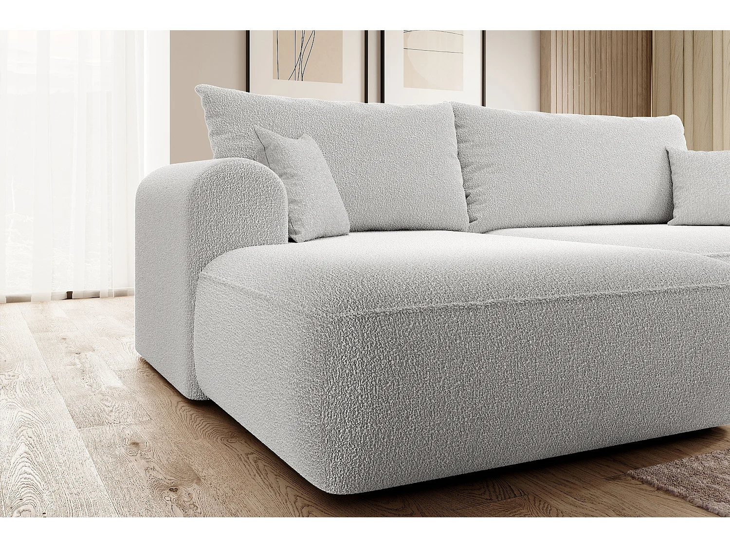 Ecksofa mit Schlaffunktion - Bettkasten - Ottomane links - Boucle-Bezug in Grau - OVO