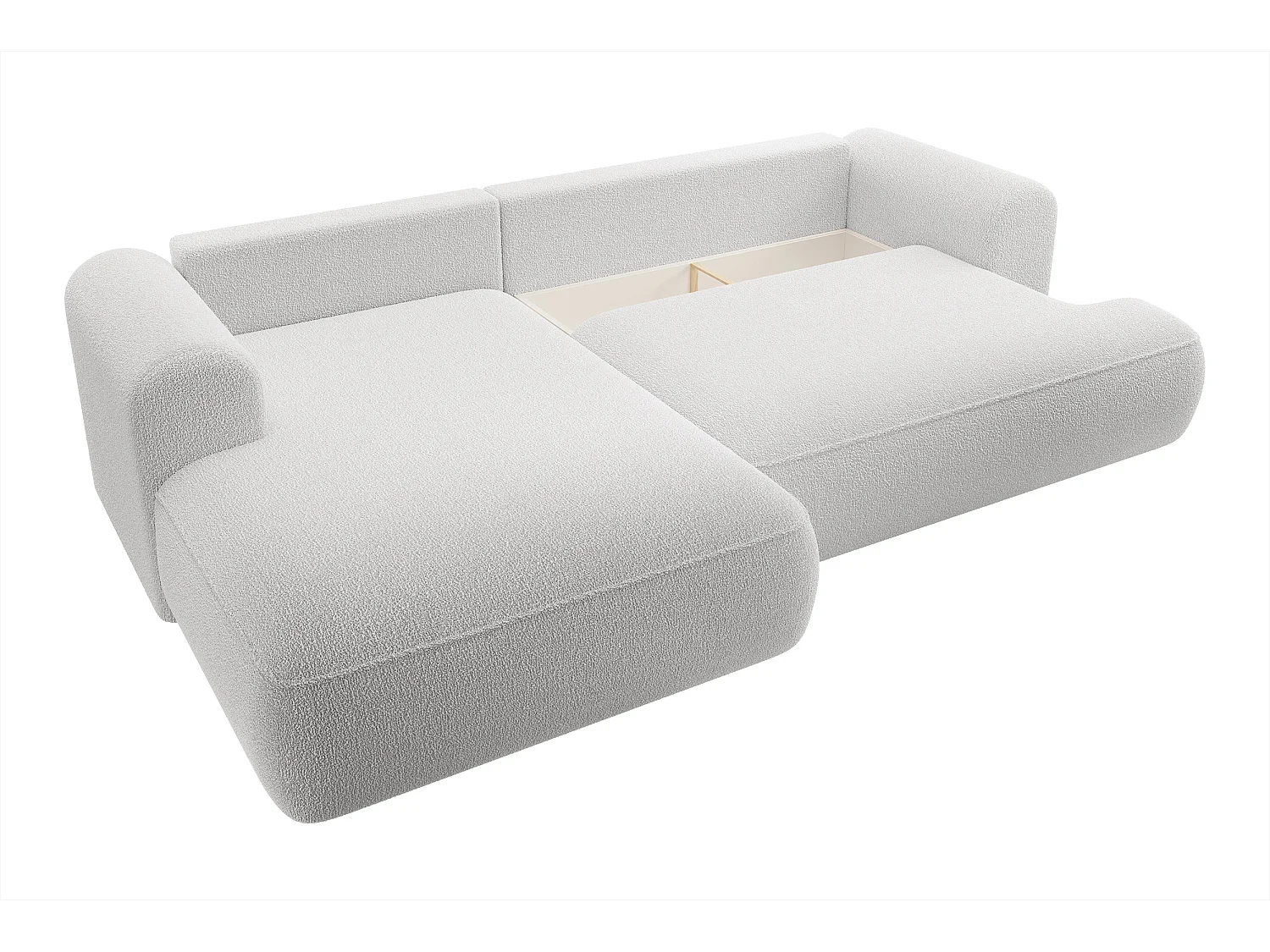 Ecksofa mit Schlaffunktion - Bettkasten - Ottomane links - Boucle-Bezug in Grau - OVO