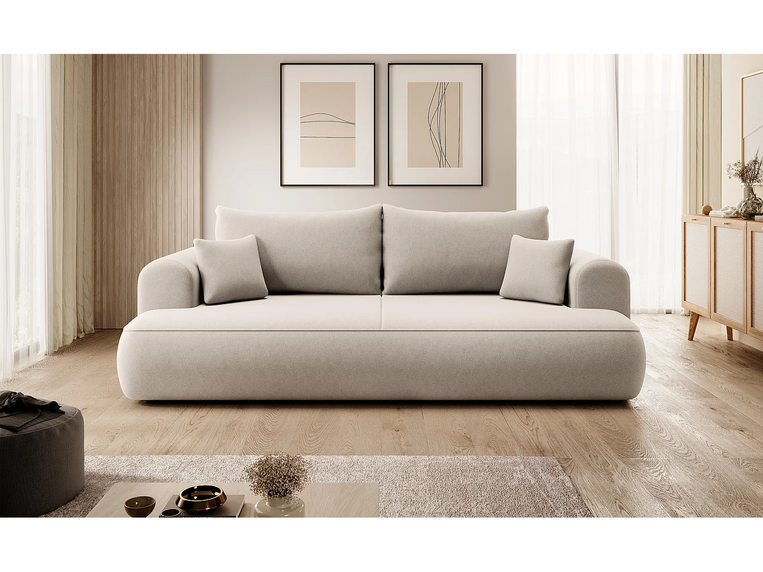 3-Sitzer-Sofa mit Schlaffunktion - Easy-Clean-Veloursbezug in Hellbeige - OVO