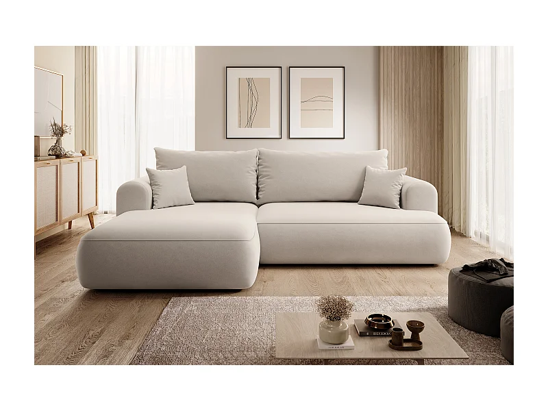 Ecksofa mit Schlaffunktion - Bettkasten - Ottomane links - Easy-Clean-Veloursbezug in Hellbeige - OVO
